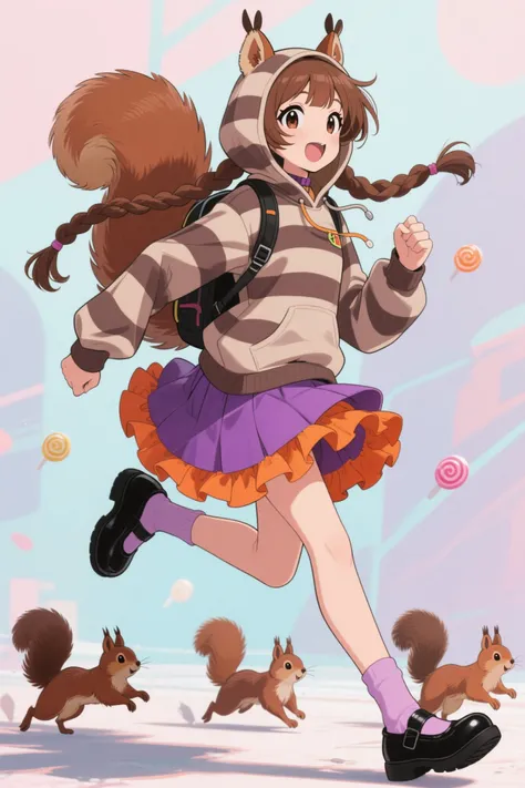 This girl's character is depicted in playful, dynamic poses, Kicking movement,Brown Braided Hair ,has a slightly open mouth, squirrel tail,I'm wearing a squirrel striped hoodie with squirrel ears,Layered dress with purple skirt and orange ruffles,wearing black loafers,has a small backpack,A few squirrels are running beside her,The background has an overall abstract atmosphere in soft pastel colors,complements her vivid taste,animeキャラクター,portrayed in strong composition on a large screen, anime, production animeーションセル, candy-punk character design,   production art
