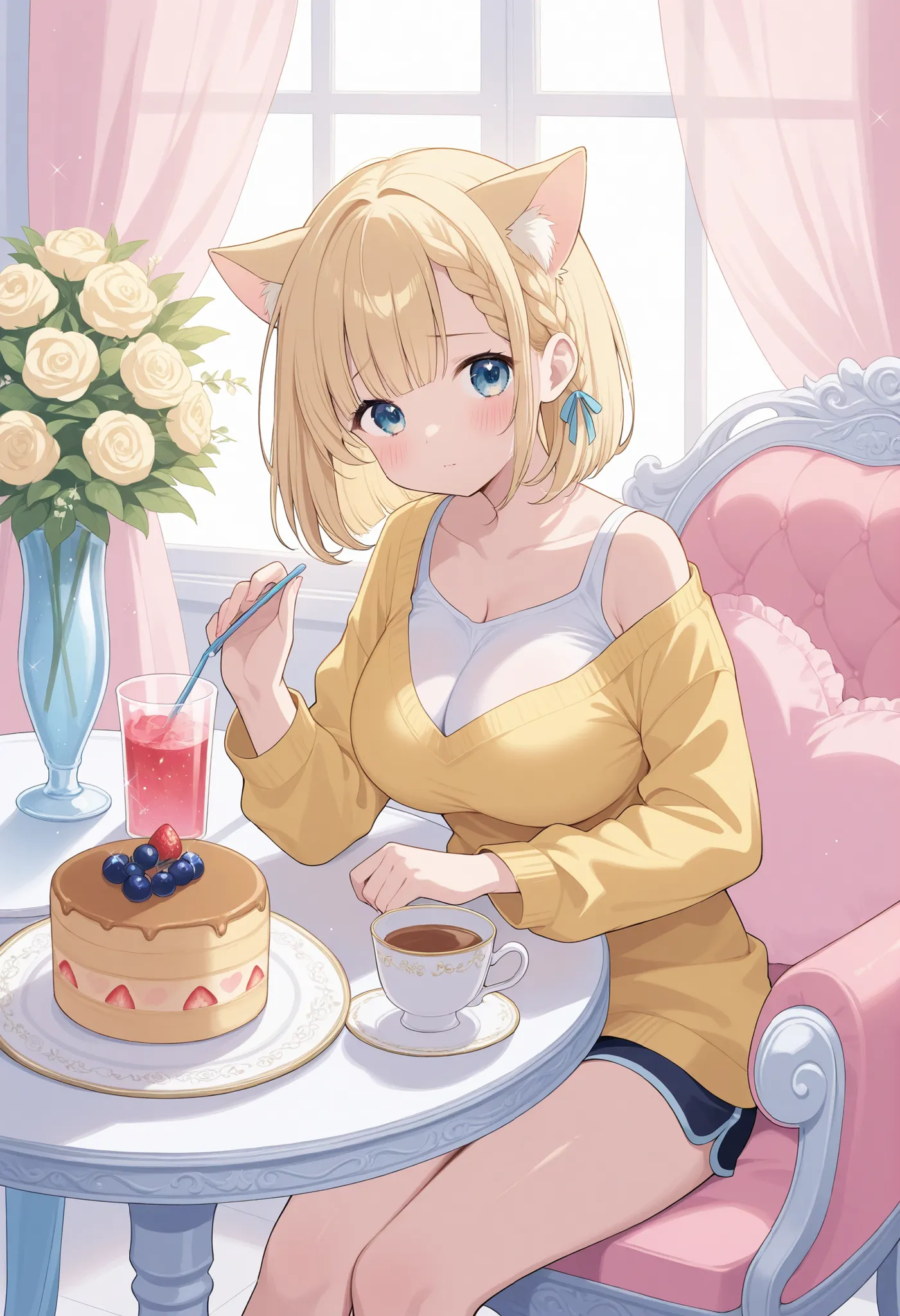 Blonde Cat Ears、bob cut blonde hair、 braids on both sides、big breasts、、、、glitter、blush
