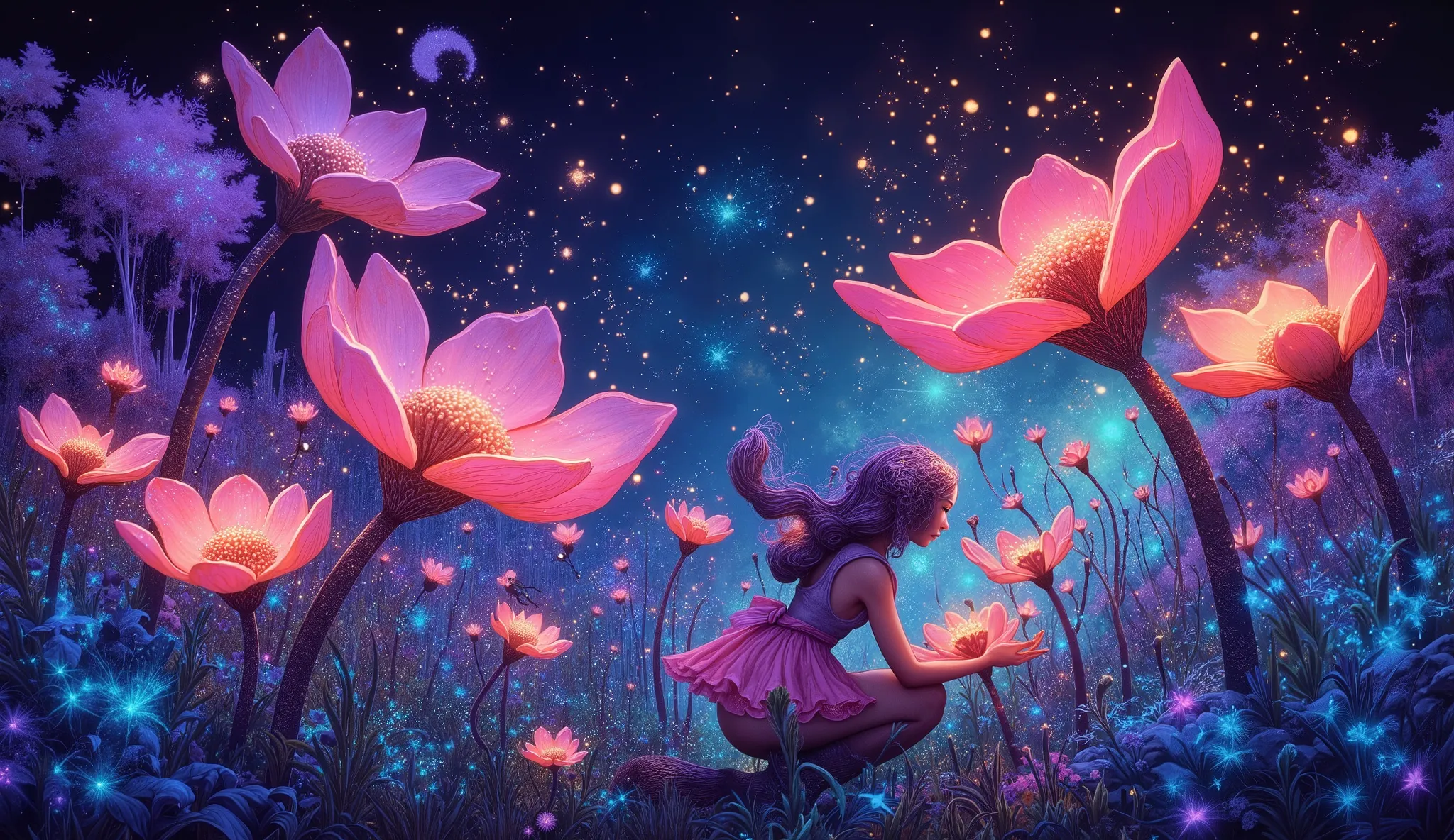 A whimsical fairy meticulously tends to giant flowers in a bioluminescent forest, using fireflies as her guiding lights and gardening tools. The mural is a vibrant tapestry of neon tones and dynamic shapes, capturing the serene yet energetic atmosphere of ...