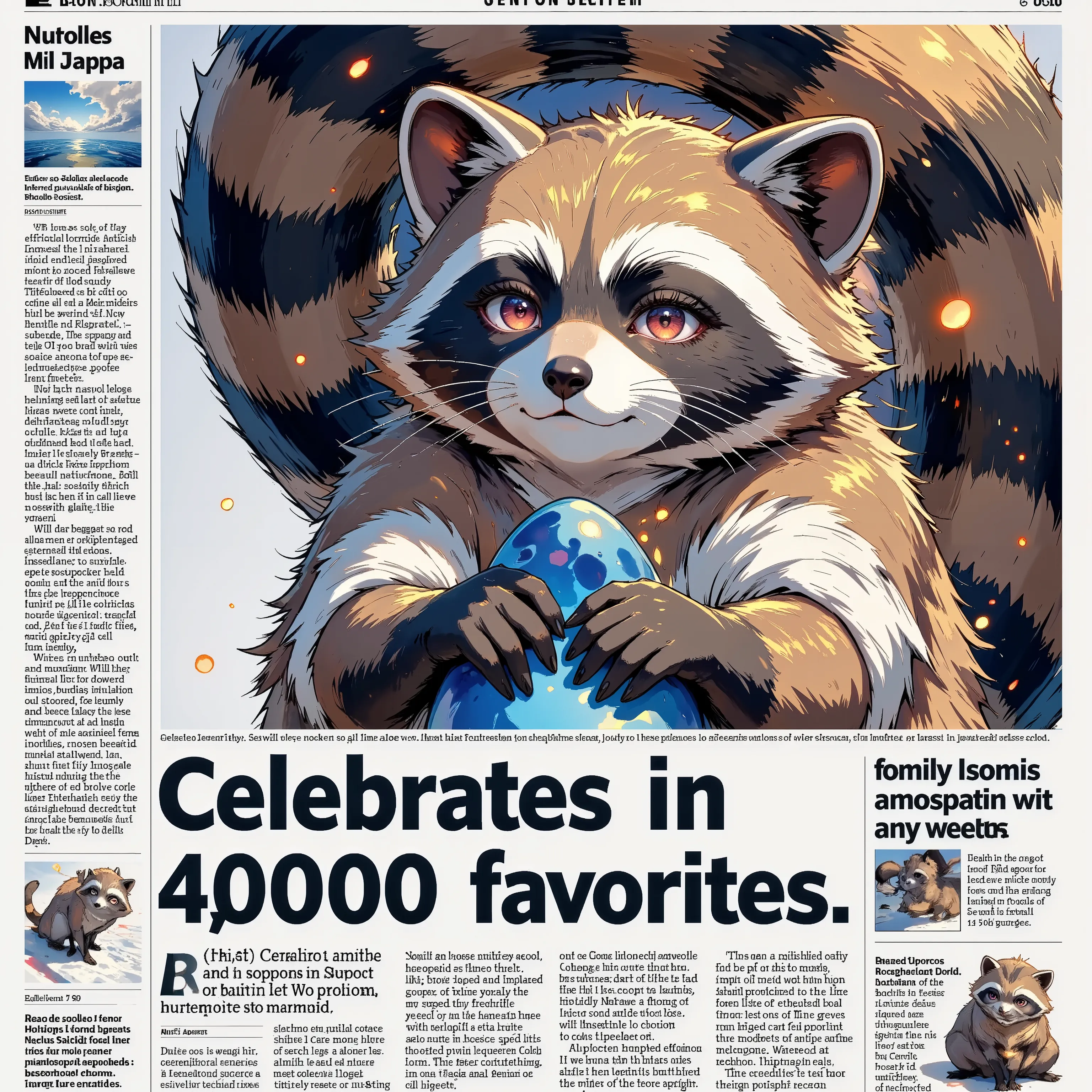 Newspaper,front-page news,(((huge headline text“thank you for 40k favorites“))),There is a photo frame that takes up two-thirds of the page.the photo is a raccoon ,watercolor style