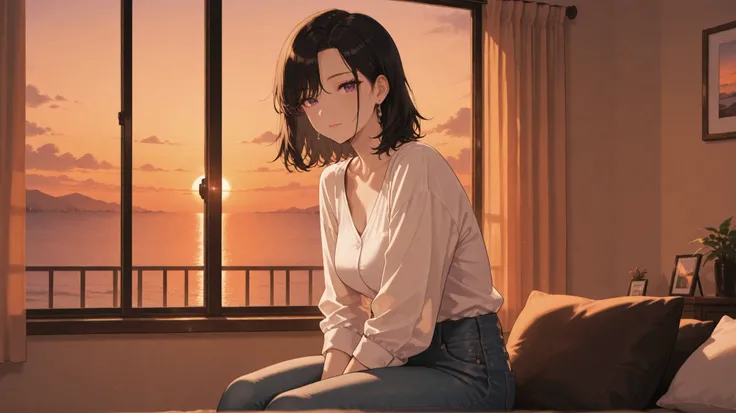 masterpiece, best quality, good quality,adult lady,no makeup,black hair,medium hair,white shirt,jeans,sitting,room,cowboy shot,looking at viewer,sunset,高精細