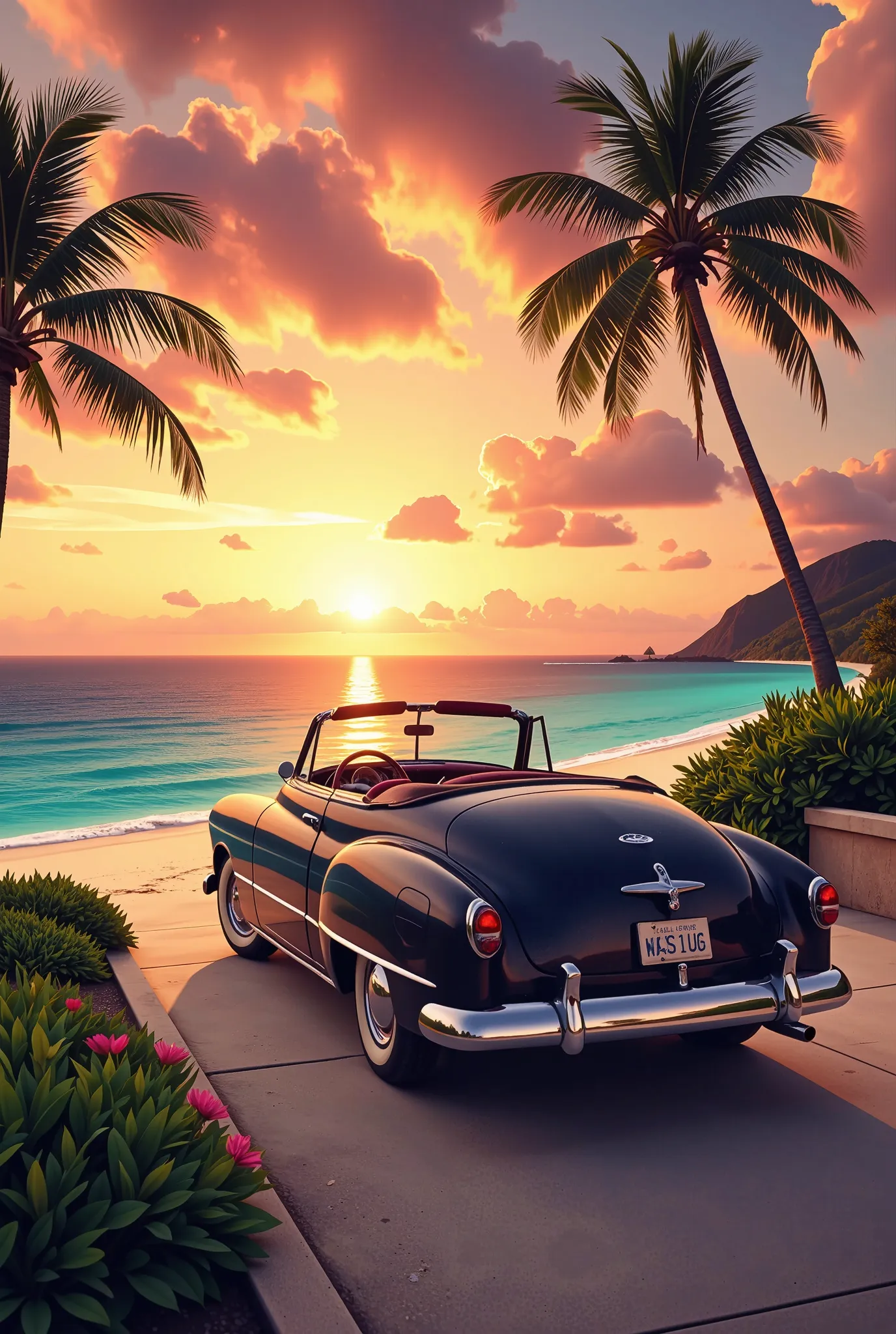 southern sea with coral reefs Cobalt Blue white sand beach Convertible car on an orange sky at dusk seaside road