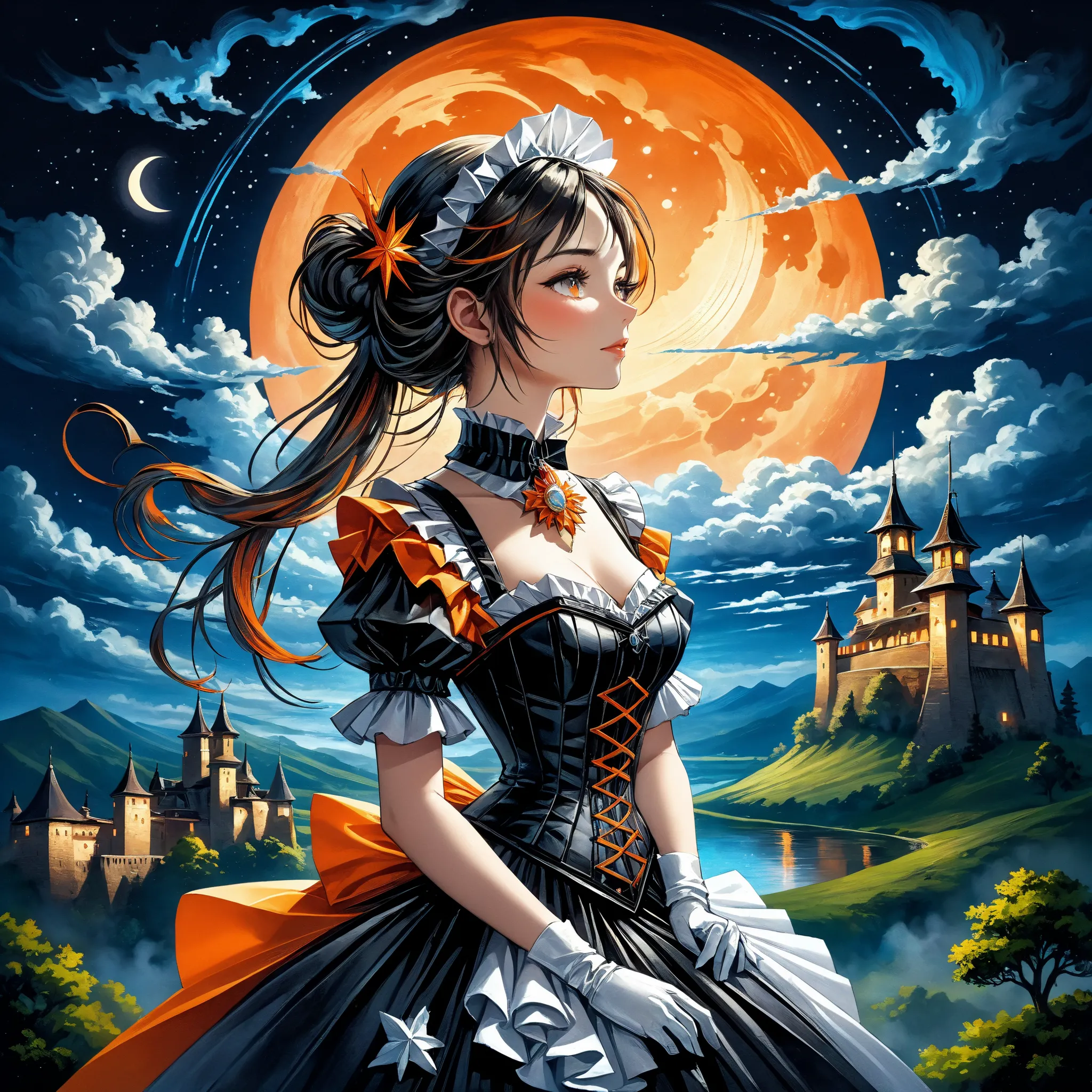 Elaborate illustration of maid with aura of loyalty, intricate detailed corset, profile, vivid contrasts, gentle touch rendering, exact detail, precision, fluffy clouds and crescent moon, single shooting star, (orange neon shooting star trails), high quali...