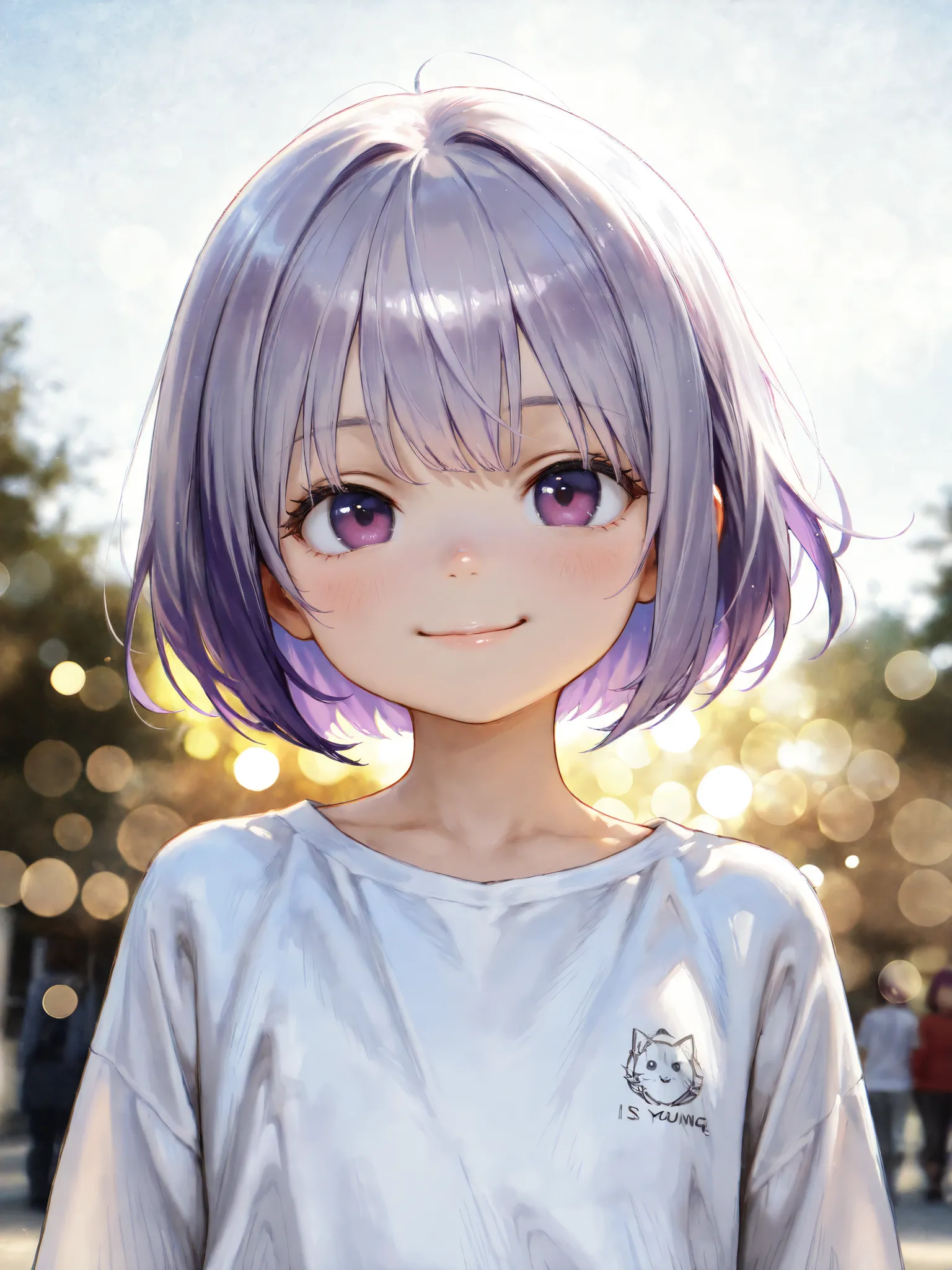 short girl, Sisters Girls,is young, flat chested,realisticな外観, big purple eyes, short bob、Two-tone purple hair and gray hair、white plain shirt、 has a bright smile、 kiss、Outdoors、細部にこだわったrealisticな影、movie stills, real、Highest Quality, realistic, 4K Renderin...
