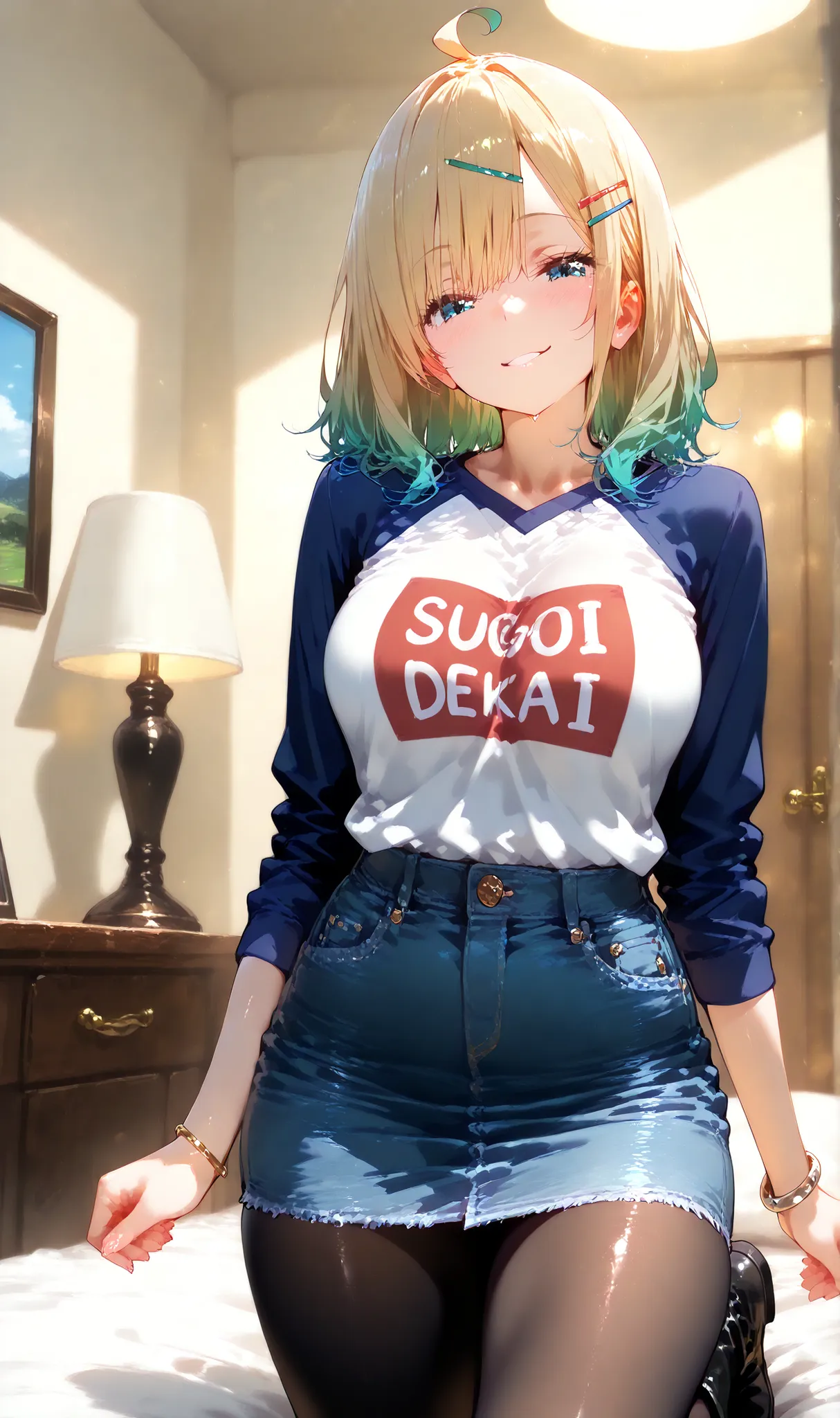 1 girl, high resolution, masterpiece, best quality, detailed CG, detailed face, detailed skin, medium breasts, nice hips, perfect body, layered hair, violet + sky blue eyes, aqua green hair, half bangs, cowlick on top of head, medium hair, long golden hair...