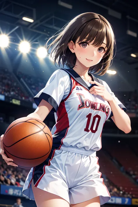  Female Basketball Player 、Dribbling Toward Goal、black short hair、 dark eyes、Attractive Pink Lips、white uniform、sweat、stadium、Dribbling Action、masterpiece、4K、high quality、 Bright Lights Without Fog、bright light that emits bubbles、realistic texture、realistic、professional、Bokeh、dynamic angle、Strong Atmosphere、sweatばんだ表情、, 


,( masterpiece, best quality, high resolution, ultra high resolution, pixel perfect, depth of field, 4K, RTTX10.0),
、Anegasaki Nene, shiny brown hair, beautiful brown eyes, smiling face, sparkling pupils, (fine grain), , highly detailed face,, (masterpiece:1.2, best quality), ((only1 girl)), ((cowboy shot))