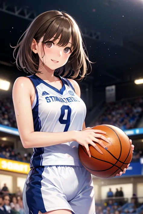  Female Basketball Player 、Dribbling Toward Goal、black short hair、 dark eyes、Attractive Pink Lips、white uniform、sweat、stadium、Dribbling Action、masterpiece、4K、high quality、 Bright Lights Without Fog、bright light that emits bubbles、realistic texture、realistic、professional、Bokeh、dynamic angle、Strong Atmosphere、sweatばんだ表情、, 


,( masterpiece, best quality, high resolution, ultra high resolution, pixel perfect, depth of field, 4K, RTTX10.0),
、Anegasaki Nene, shiny brown hair, beautiful brown eyes, smiling face, sparkling pupils, (fine grain), , highly detailed face,, (masterpiece:1.2, best quality), ((only1 girl)), ((cowboy shot))