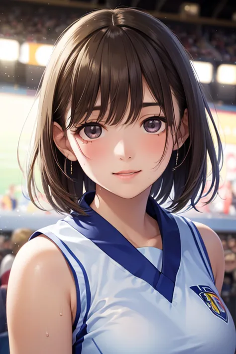  Female Basketball Player 、Dribbling Toward Goal、black short hair、 dark eyes、Attractive Pink Lips、white uniform、sweat、stadium、Dribbling Action、masterpiece、4K、high quality、 Bright Lights Without Fog、bright light that emits bubbles、realistic texture、realistic、professional、Bokeh、dynamic angle、Strong Atmosphere、sweatばんだ表情、, 


,( masterpiece, best quality, high resolution, ultra high resolution, pixel perfect, depth of field, 4K, RTTX10.0),
、Anegasaki Nene, shiny brown hair, beautiful brown eyes, smiling face, sparkling pupils, (fine grain), , highly detailed face,, (masterpiece:1.2, best quality), ((only1 girl)), ((cowboy shot))
