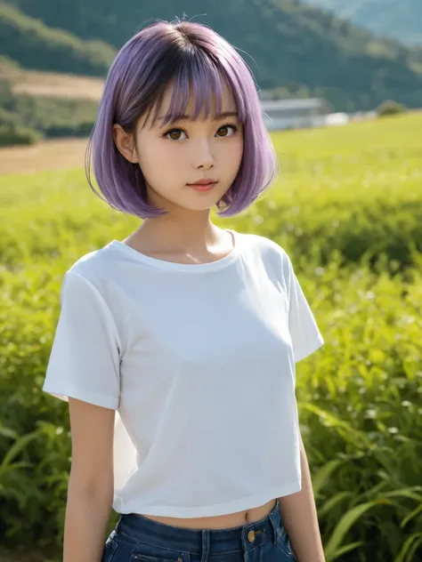 short girl, 1 girl,is young, flat chested,realisticな外観, Big brown eyes, short bob、Two-tone purple hair and gray hair、white plain shirt、no bra、Outdoors、細部にこだわったrealisticな影、movie stills, real、Highest Quality, realistic, 4K Rendering, ultra-fine texture, prof...