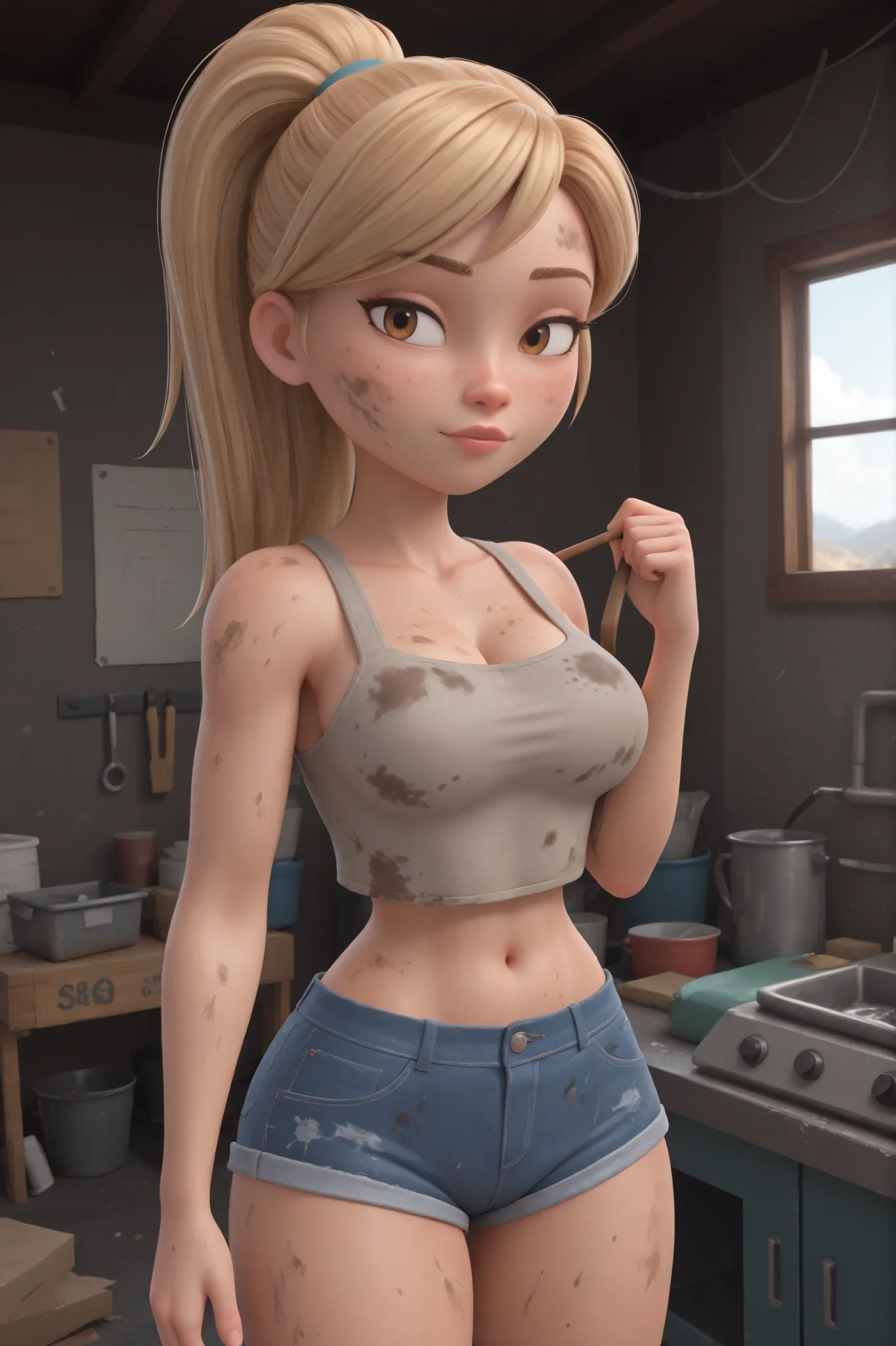 high-cut denim shorts, female mechanic, dirty, high ponytail, blonde