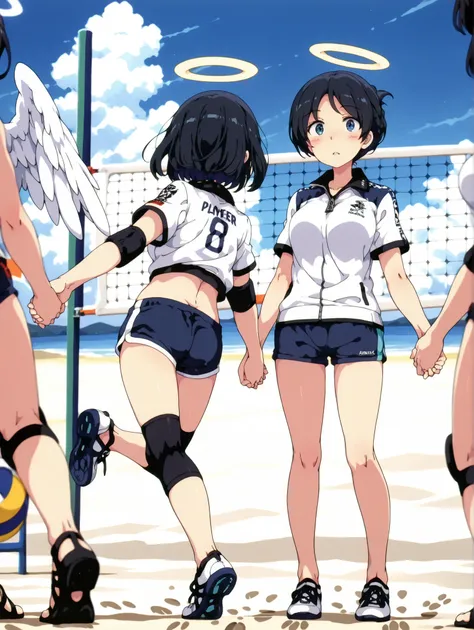 Only one female, standing (squatting:0.8), (Underhand receive) (holding hands:1.1), (dynamic pose), (beach volleyball players), (uniform with company logo) cropped top, (mature woman:0.8), /(Thin black hair/) bungs,  ogipote, (teeth:0.8), (Angel Aiming to ...