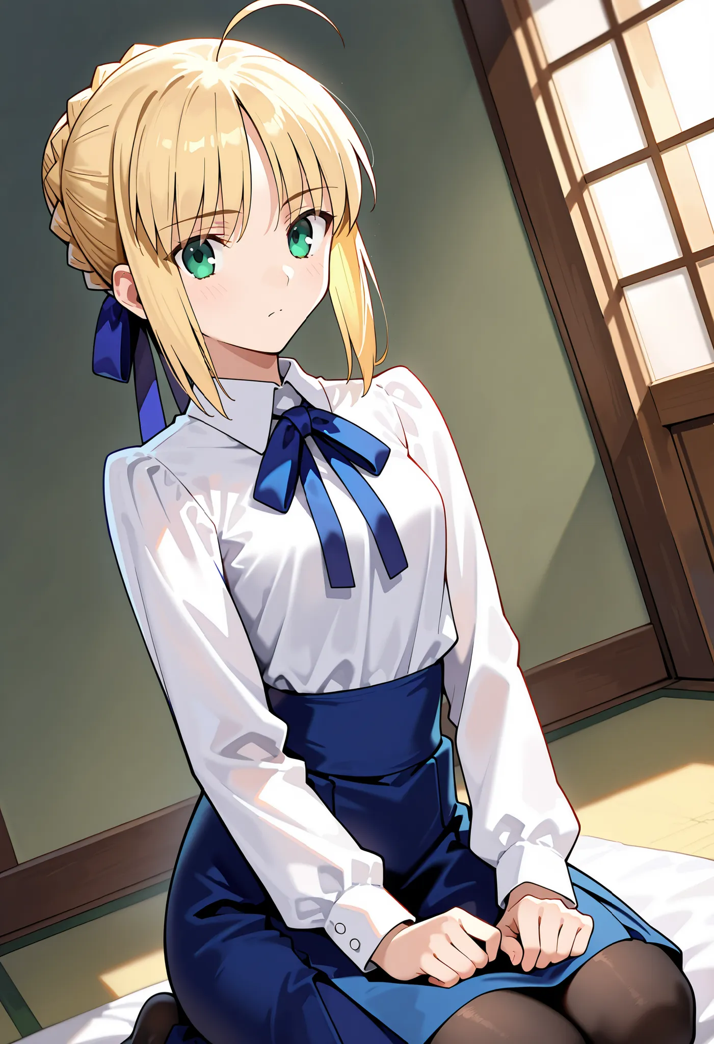 score_9, score_8_up, score_7_up, source_anime,dutch angle, absurdres,masterpiece,perfect anatomy,high resolution, ultra-detailed,dutch angle,artoria pendragon, artoria pendragon (fate), saber, long hair, blonde hair, braided bun,green eyes, ahoge, small br...