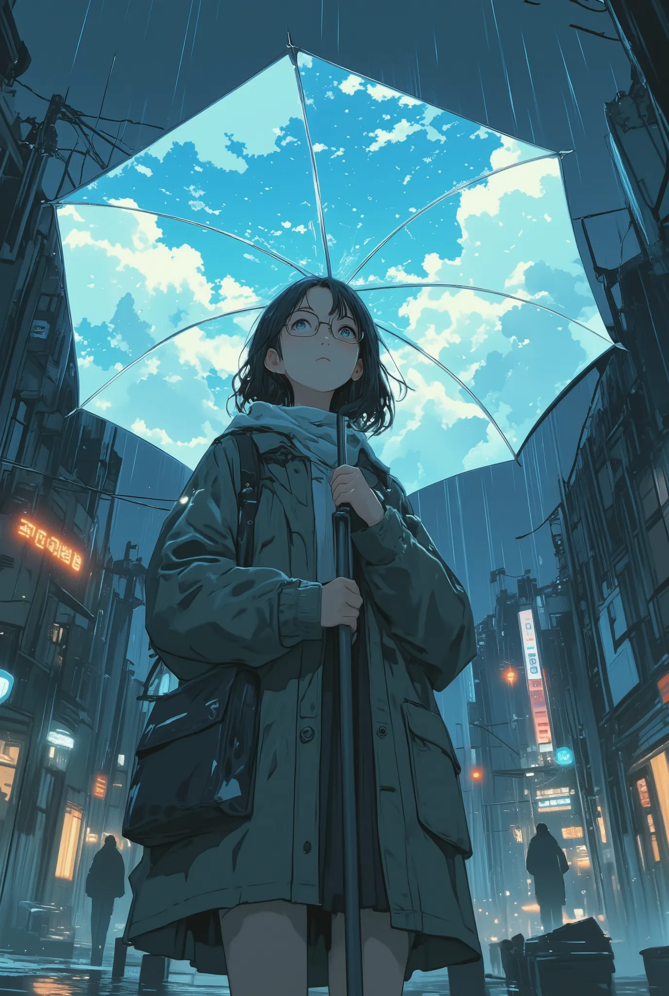 photo-realistic cinematic scene, a woman with glasses standing in the rain, holding an umbrella open above her, but the inside of the umbrella reveals a bright blue sky with soft white clouds, glowing light radiates subtly from within, while the world arou...