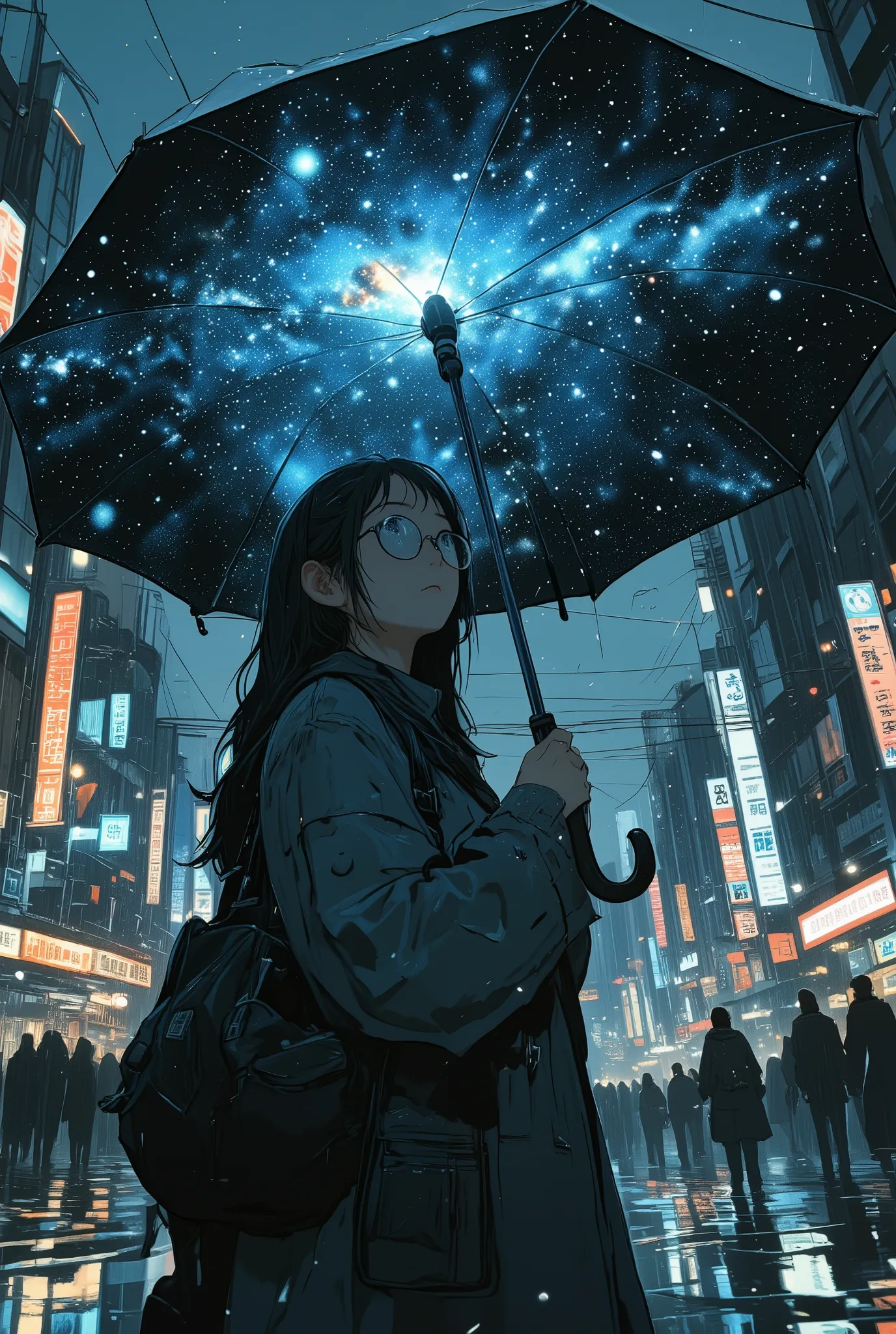 photo-realistic cinematic scene, a woman with glasses standing in the rain, holding an umbrella open above her, but the inside of the umbrella reveals a deep starry night sky filled with constellations and a faint glowing nebula, soft starlight reflects on...