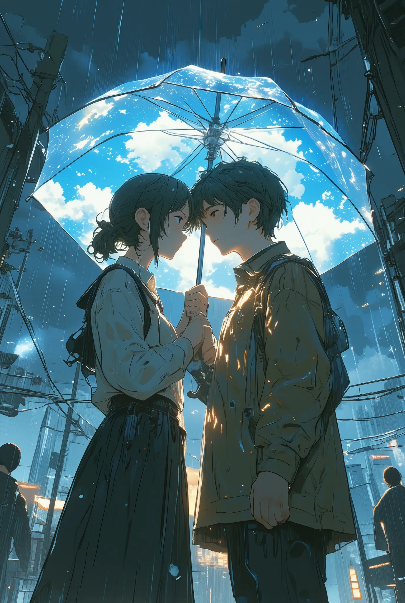 photo-realistic cinematic scene, two people sharing a transparent umbrella in the rain, standing close together, but the inside of the umbrella shows a bright blue sky with soft clouds, sunlight radiates gently inside the umbrella while rain continues fall...