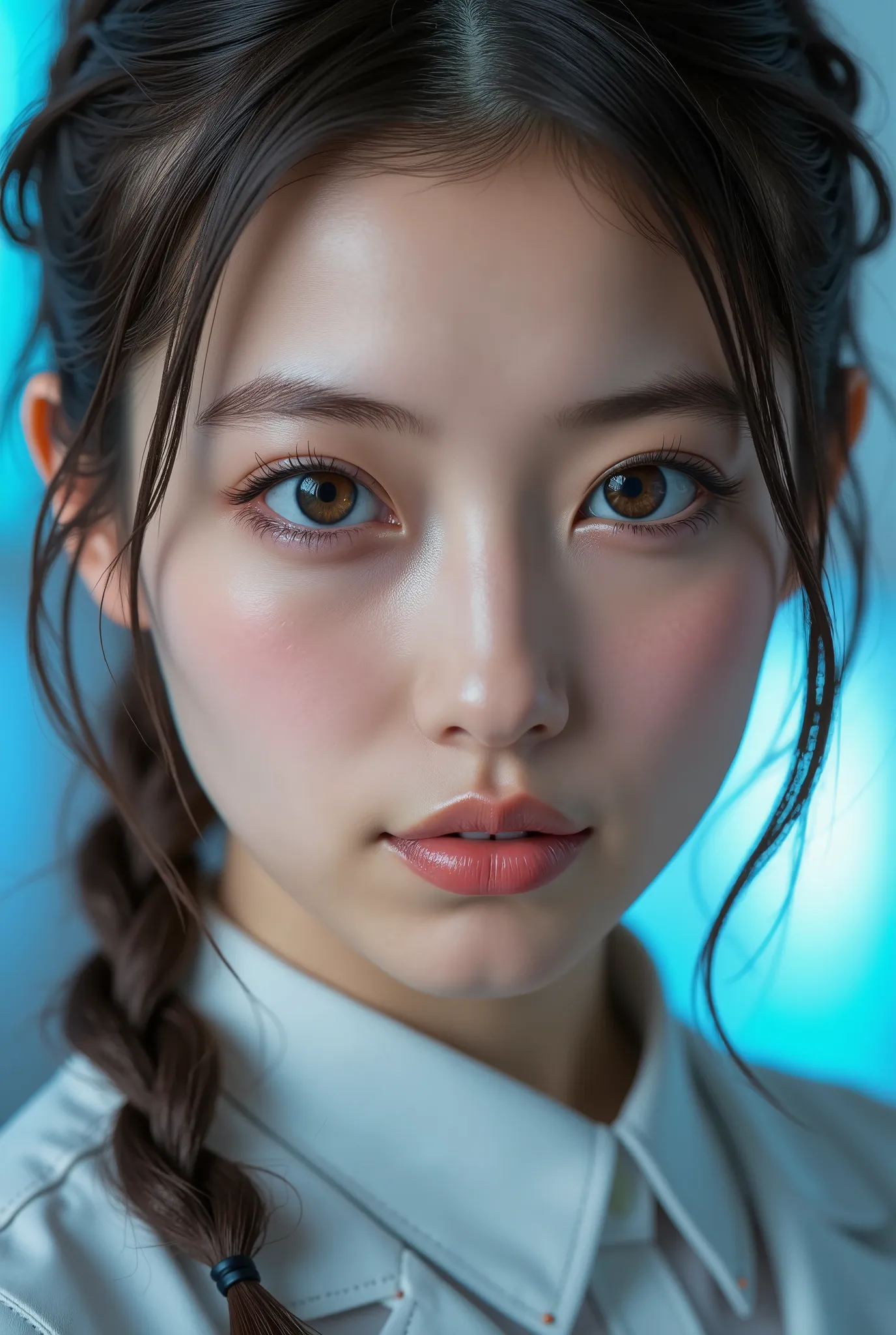  [Style: "Photorealistic, cinematic, cyberpunk"](Key Directive: "Ultra-sharp human eyes with biological accuracy"){ Character: "20-year-old Caucasian woman" | Face: - "symmetrical pale skin (subsurface scattering:1.3), full lips (vertical lip wrinkles:0.7)...