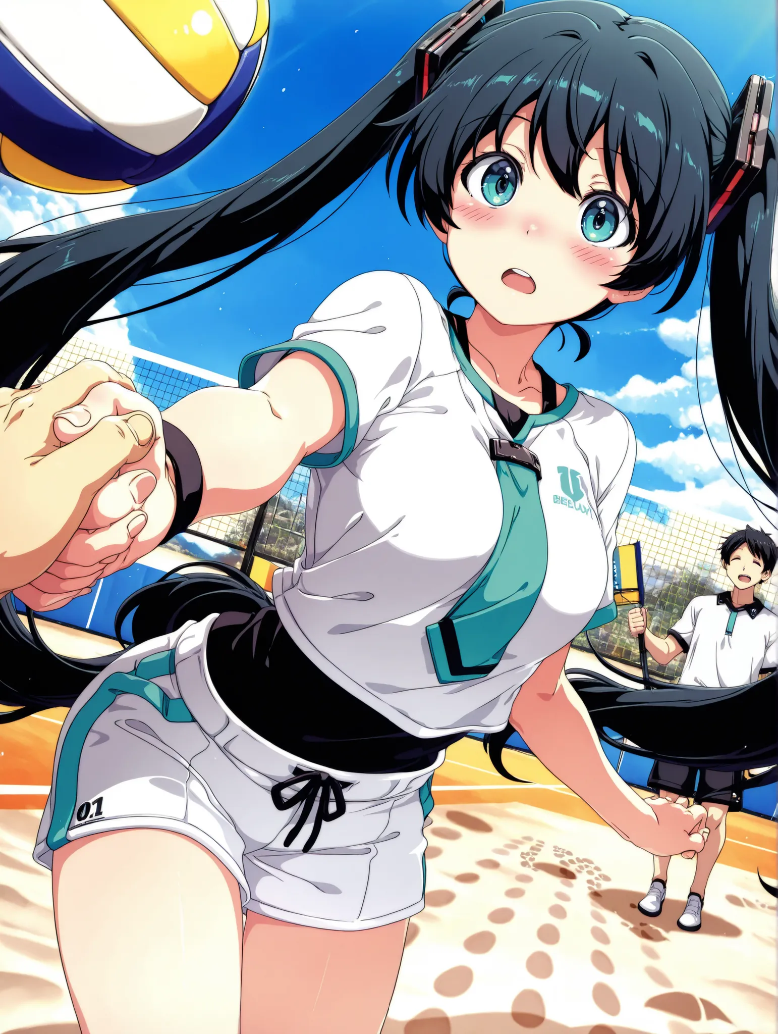 (masterpiece、Highest Quality、Highest Quality、Official Art、beautiful and beautiful:1.2)、(1 girl on break day:1.3)Hatsune Miku、beautiful breasts、light green twin tail、Only one female, standing (squatting:0.8), (Underhand receive) (holding hands:1.1), (dynami...