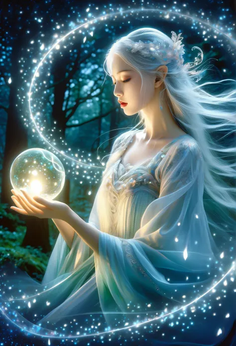 (Highest Quality,4K,8k,high definition,masterpiece:1.2), very detailed, (Practical,photoPractical,photo-Practical:1.37), Deep in the Enchanted Forest, treeの葉の間からフィルターされた柔らかな月光に浴しています, a beautiful figure stands. she is an elf witch., Her long silver hair sh...