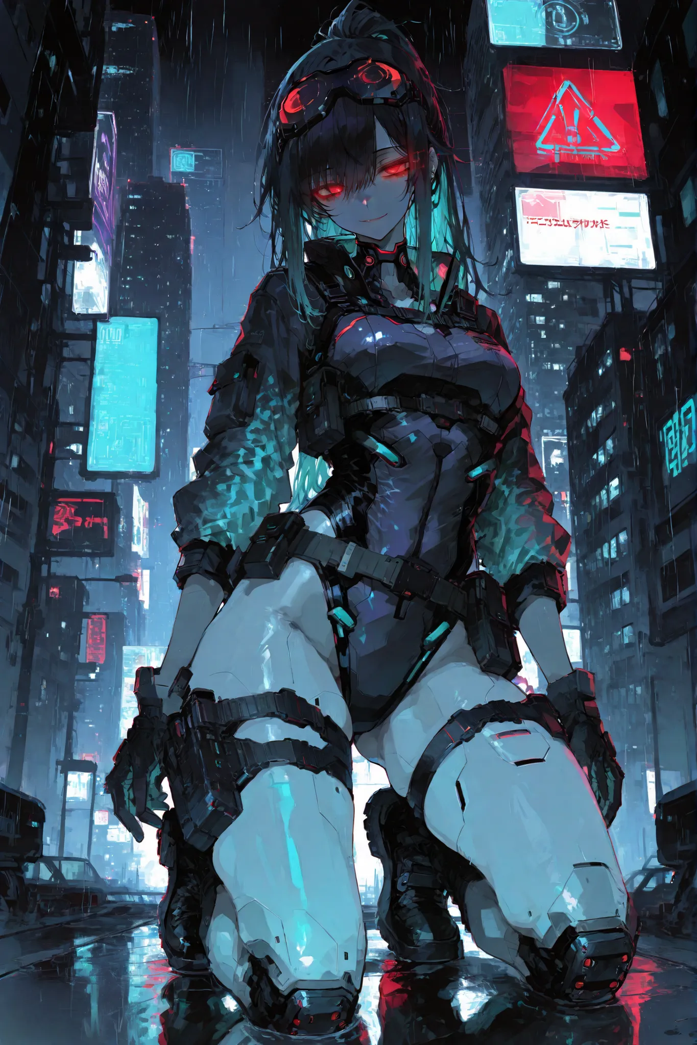 masterpiece, ultra-detailed, high quality, 8K, full body, dynamic pose, night lighting, cinematic atmosphere, backlight glow,
tall and sexy female agent, height 173 cm, red eyes, confident and bold expression, D-cup bust, curvy body,
pure black hair , tu...