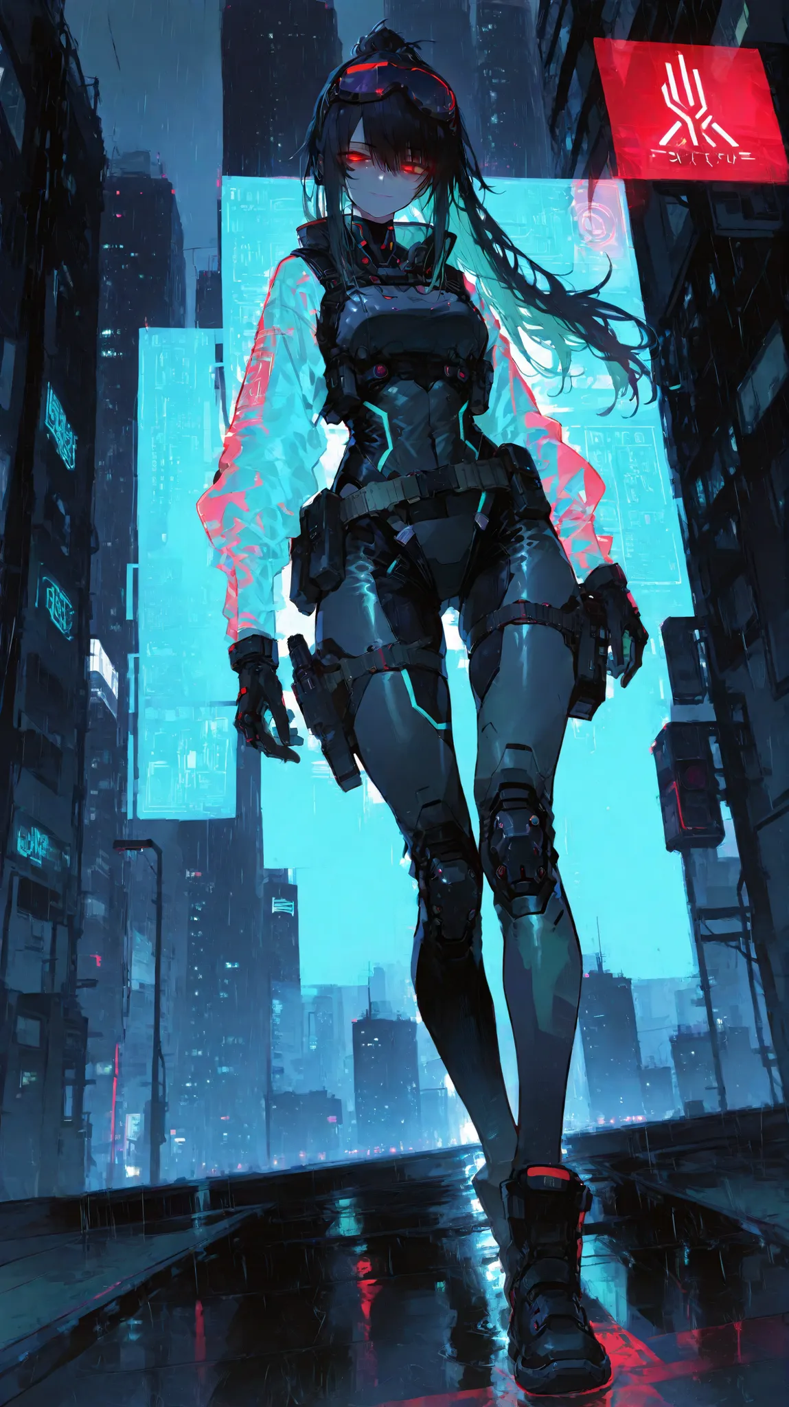 masterpiece, ultra-detailed, high quality, 8K, full body, dynamic pose, night lighting, cinematic atmosphere, backlight glow,
tall and sexy female agent, height 173 cm, red eyes, confident and bold expression, D-cup bust, curvy body,
pure black hair , tu...