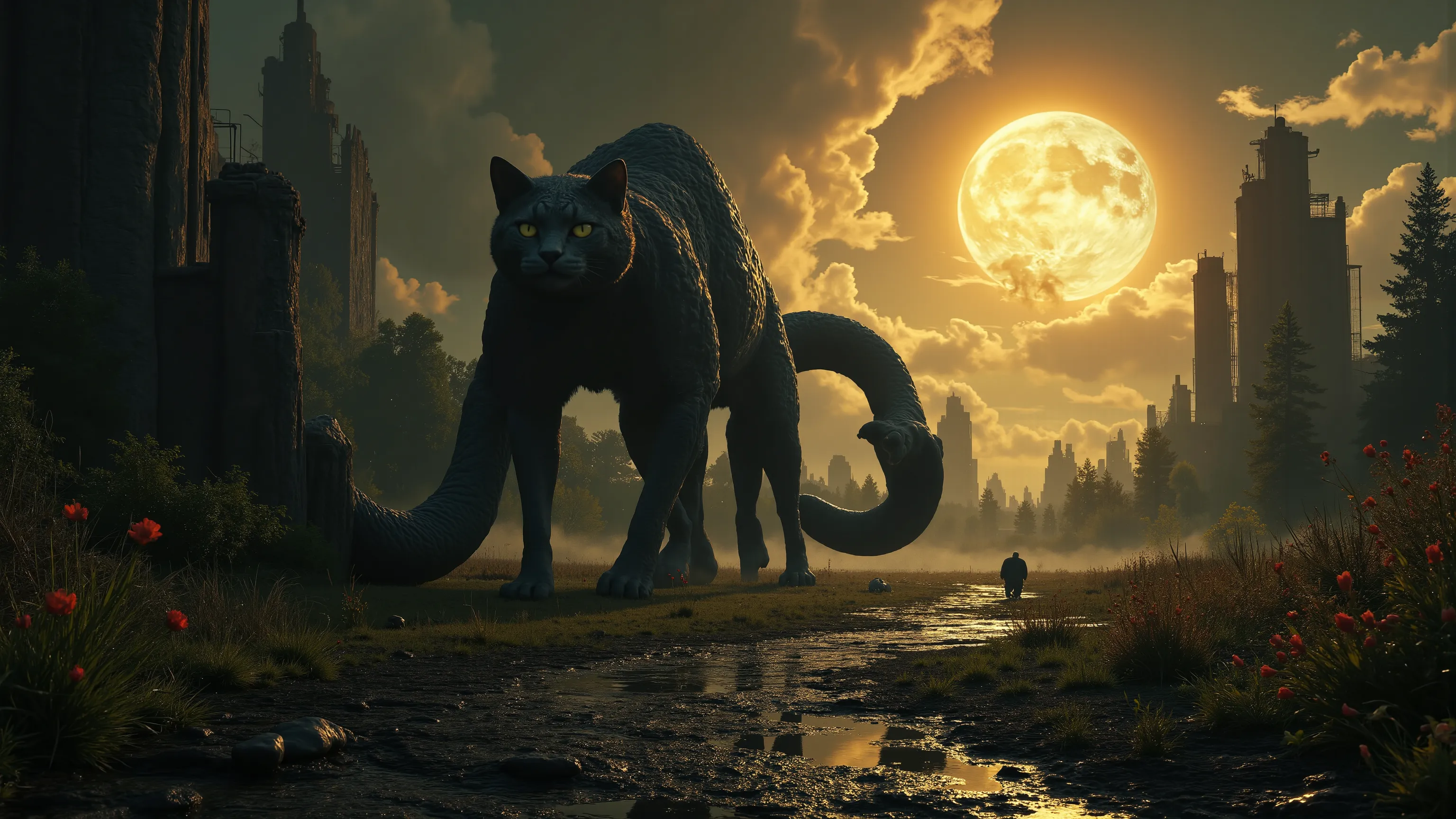 A radiant sun shining ominously over a dark, twisted landscape, illuminating a background of small hidden horrors and eldritch shadows. An imposing and colossal ancient mystical cat-snake crawls through the landscape, panorama, ray tracing, HDR, UHD, 16k, ...