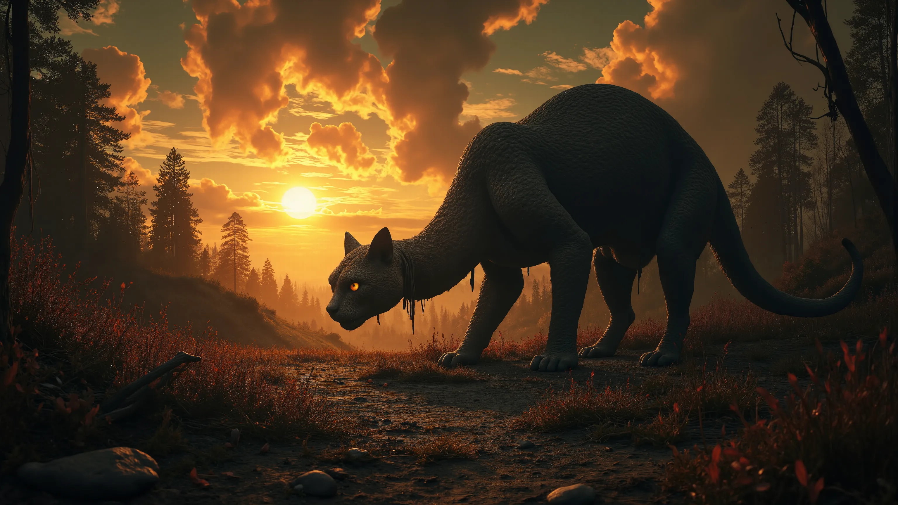 A radiant sun shining ominously over a dark, twisted landscape, illuminating a background of small hidden horrors and eldritch shadows. An imposing and colossal ancient mystical cat-snake crawls through the landscape, panorama, ray tracing, HDR, UHD, 16k, ...