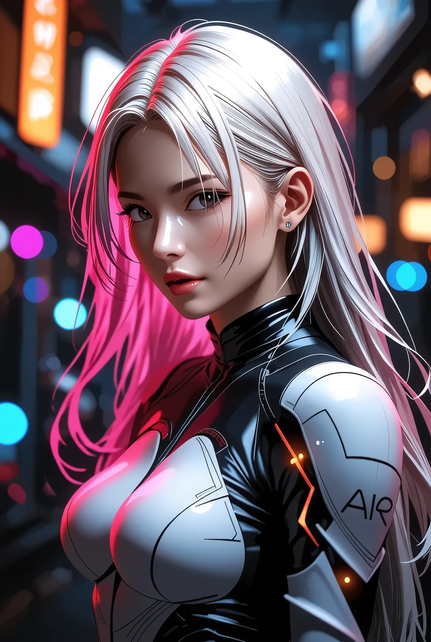 Closeup of a Woman Dressed in Purple and Black, mecha girl wearing cyber armor, perfect android girl, perfect anime cyborg woman, cybersuit, cyborg - silver-haired girl , anime cyborg , cyberpunk anime girl mecha, biomechanical , cyberpunk, Female Cy...