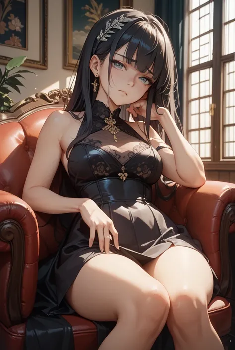 Highest Quality、8K、movie-like lighting、Japanese、A woman with a sad expression、Black hair semi-long、is sitting on a chair in a dimly lit room、is wearing a long black dress with a sleeveless slit、