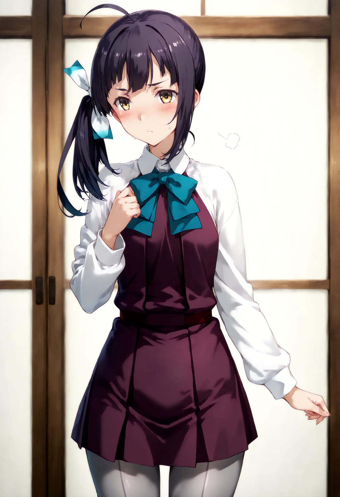 Fujinami (KANCOLLE), Fujinami KC, 1 girl, solo, long hair, hair ribbon, stupid hair, Side Ponytail,long sleeve, dress, bow, ribbon, uniform, hair ribbon, white shirt, bowtie, white ribbon, purple dress, pleated dress, grey pantyhose, aqua bow, aqua bowtie