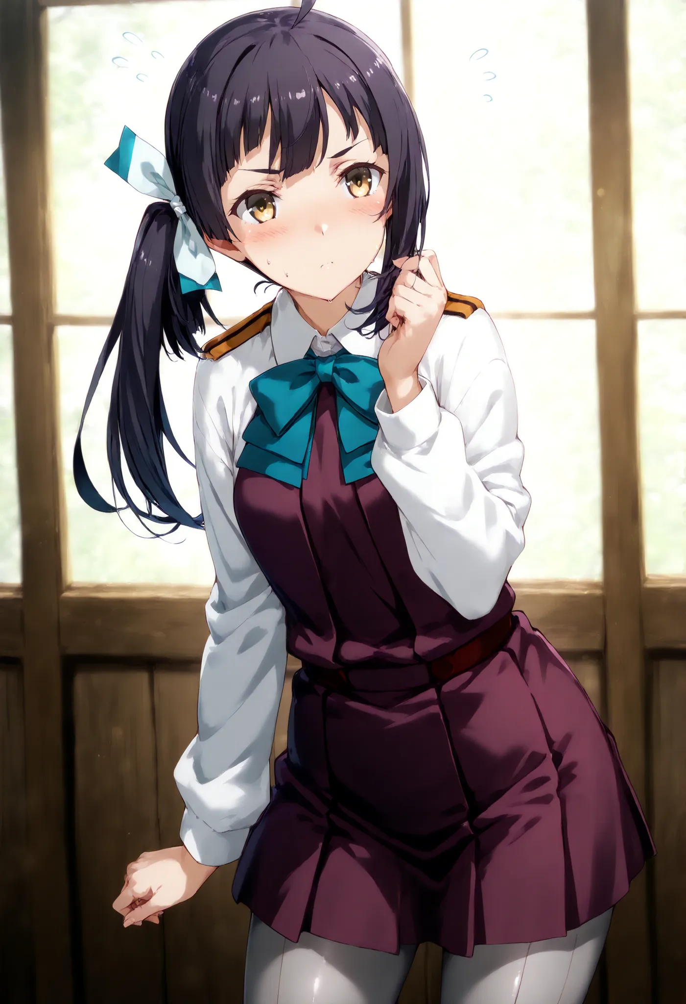 Fujinami (KANCOLLE), Fujinami KC, 1 girl, solo, long hair, hair ribbon, stupid hair, Side Ponytail,long sleeve, dress, bow, ribbon, uniform, hair ribbon, white shirt, bowtie, white ribbon, purple dress, pleated dress, grey pantyhose, aqua bow, aqua bowtie