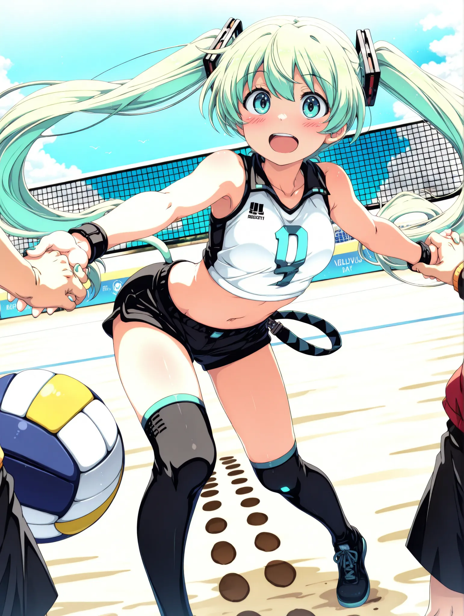 (masterpiece、Highest Quality、Highest Quality、Official Art、beautiful and beautiful:1.2)、(1 girl on break day:1.3)Hatsune Miku、beautiful breasts、light green twin tail、Only one female, standing (squatting:0.8), (Underhand receive) (holding hands:1.1), (dynami...