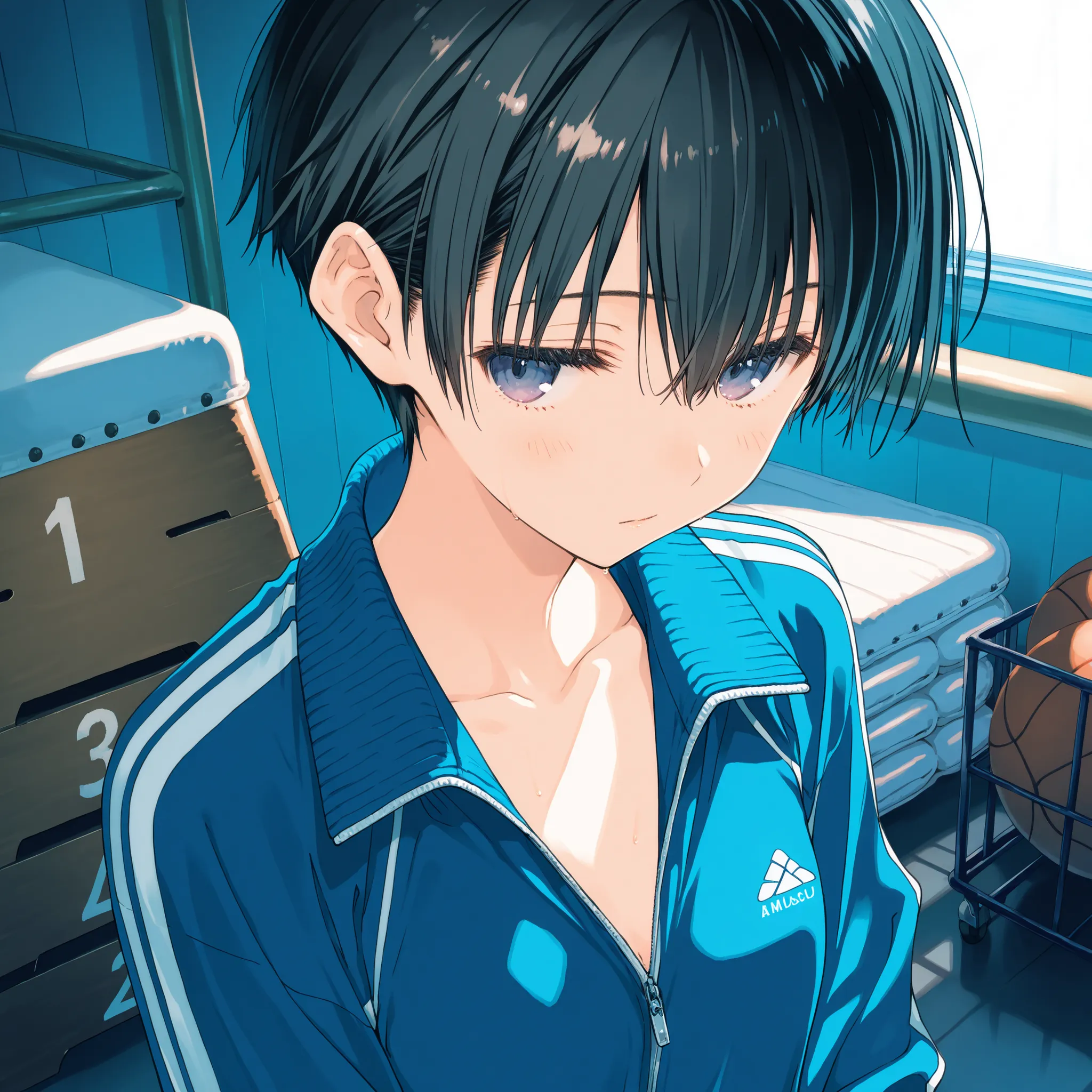 1loli, small breasts, very short hair, black hair, track suit,,gym storeroom,(artist:mitsumi_misato),artist:harada_takehito,artist:amazuyu_tatsuki, official_art, best quality, masterpiece, very awa, absurdres, highres, ultra-detailed, super detailed skin,R...