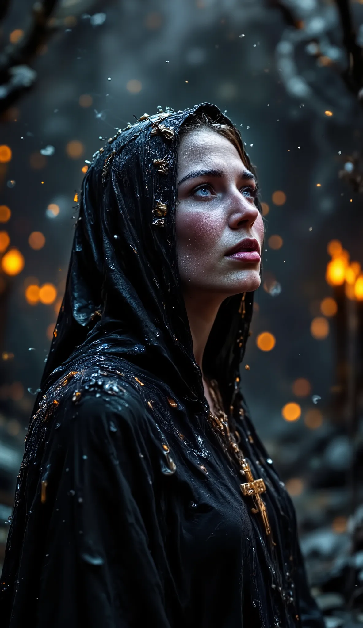 Epic realistic portrait, Black and white photography, 25 years old scantily clad sexy sad innocent nun looking up on right side into heaven nun and eyes looking into the lens with jesus on the wooden cross necklace on the chest, warmth of breath exhalation...