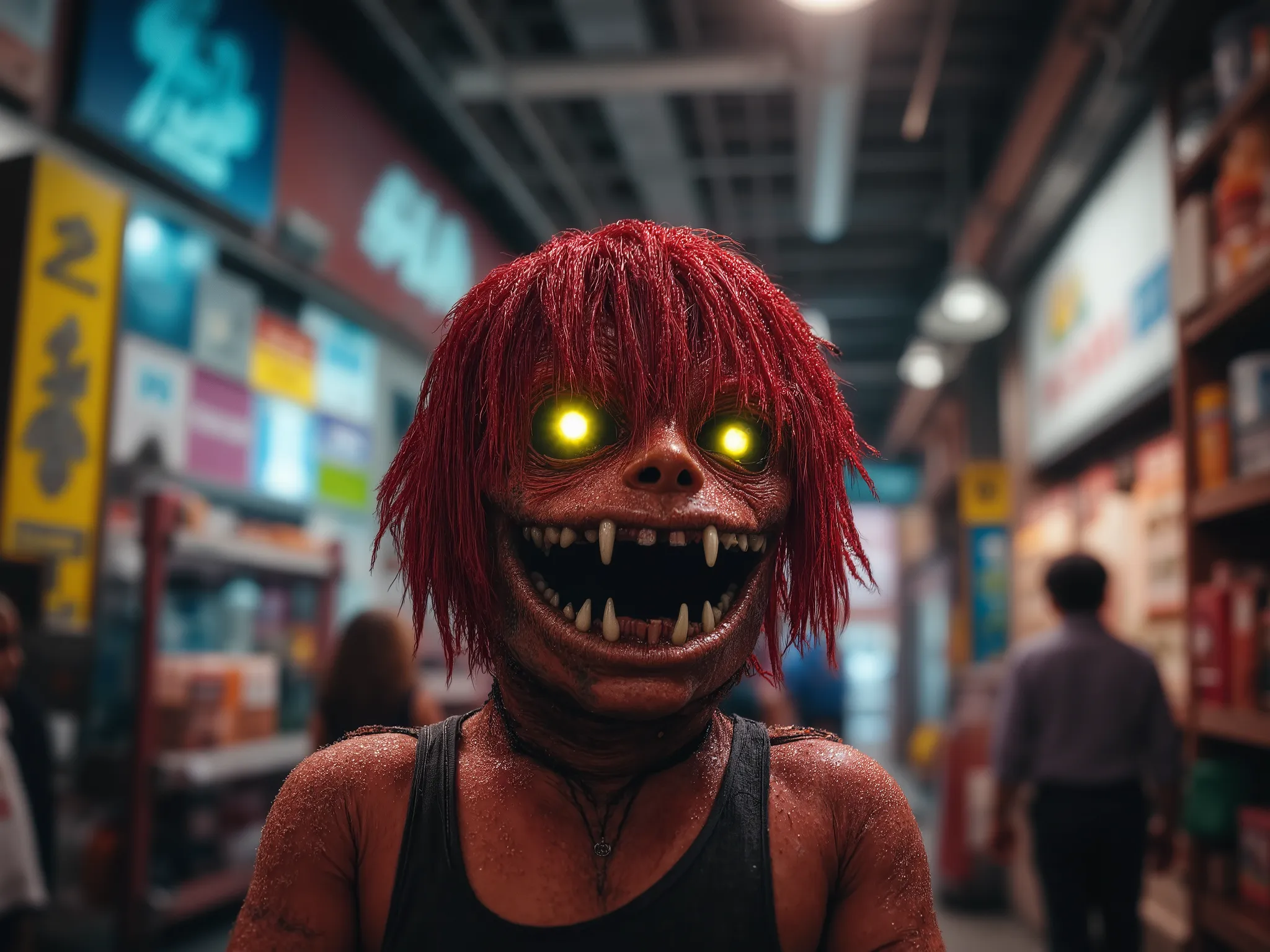 Scary Young, using a person from the attached picture,  with long hands and feet , Fluffy Long Hair, Sharp Teeth Full Mouth, and a clear face, original eyes. he, barking eyes are completely black,  shining with a creepy aura, มือขวาของheถือมีดปลายแหลมเปื้อ...