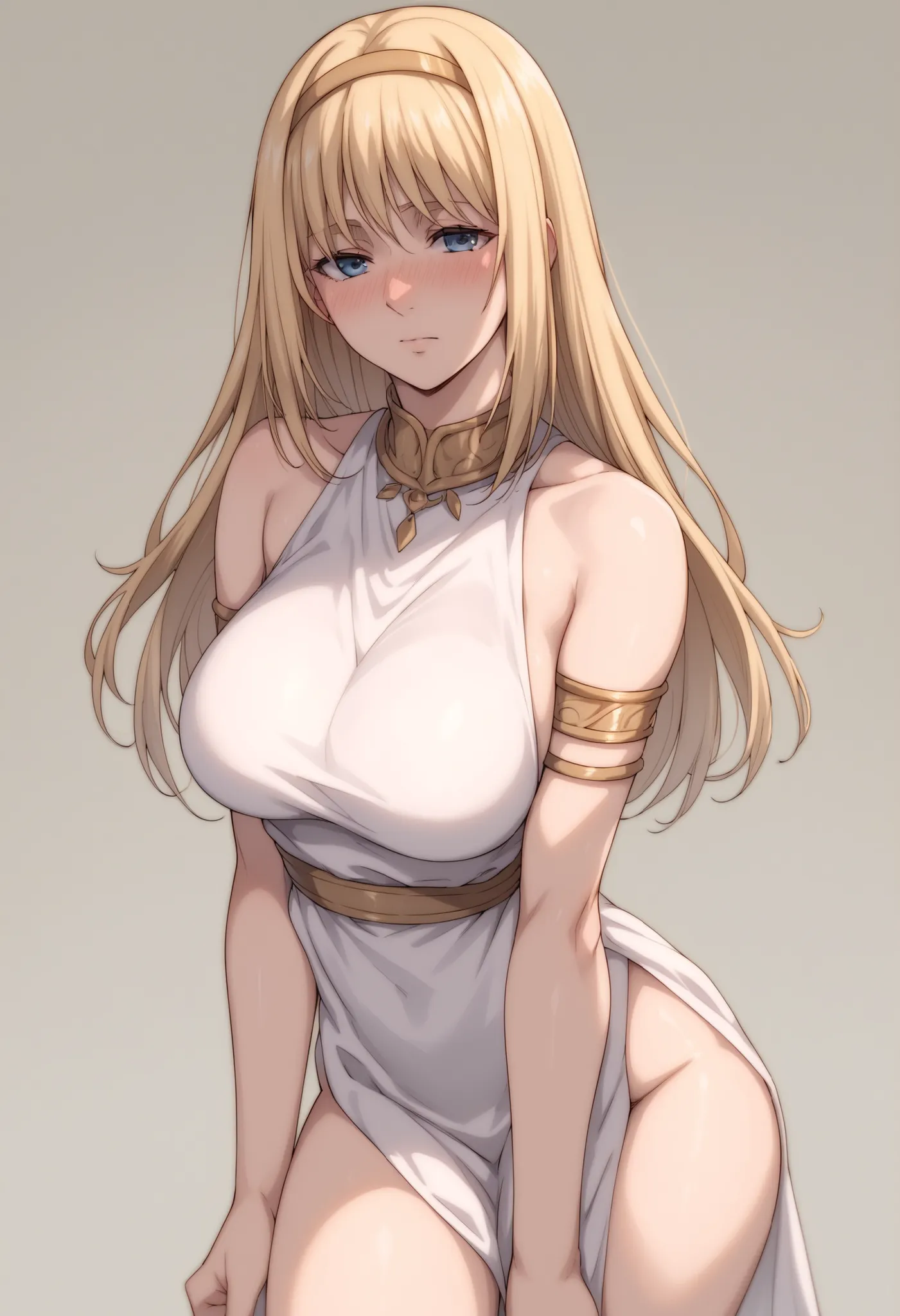 score_9, score_8_up, score_7_up, BREAK source_anime,  ymir fritz, blue eyes, blonde hair, long hair, BIG BREASTS,, armlet, bare shoulders, hairband, long white tunic, POSING, COWBOY SHOT, NICE LEGS, NOSE BLUSH