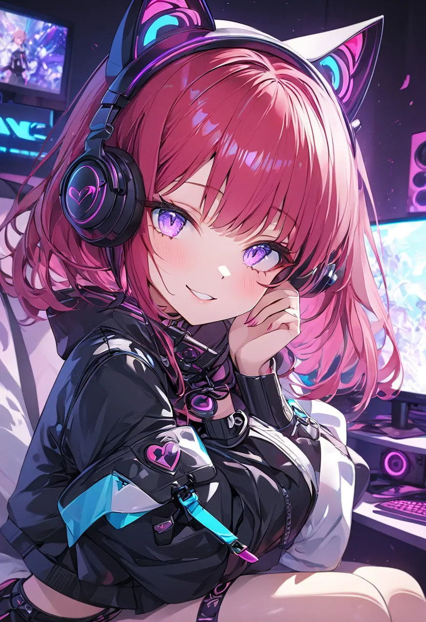  A beautiful woman, (nice curves), with long red hair with pink tips and bright purple eyes, (eyes rich in detail), (eyes detailed), wearing a futuristic black outfit with bright blue details on the sleeves. She wears cat-ear headphones and a headset microphone. Her outfit includes a stylish cropped jacket with wide sleeves, a pleated skirt with white stripes and black lace-up boots. She makes a heart with her hands near her face, (close-up from the waist up) smiling warmly. The background is a bedroom with a gaming computer in the background. The art style is detailed and colorful, with soft dynamic lighting and slightly 3D anime shading, in high resolution 