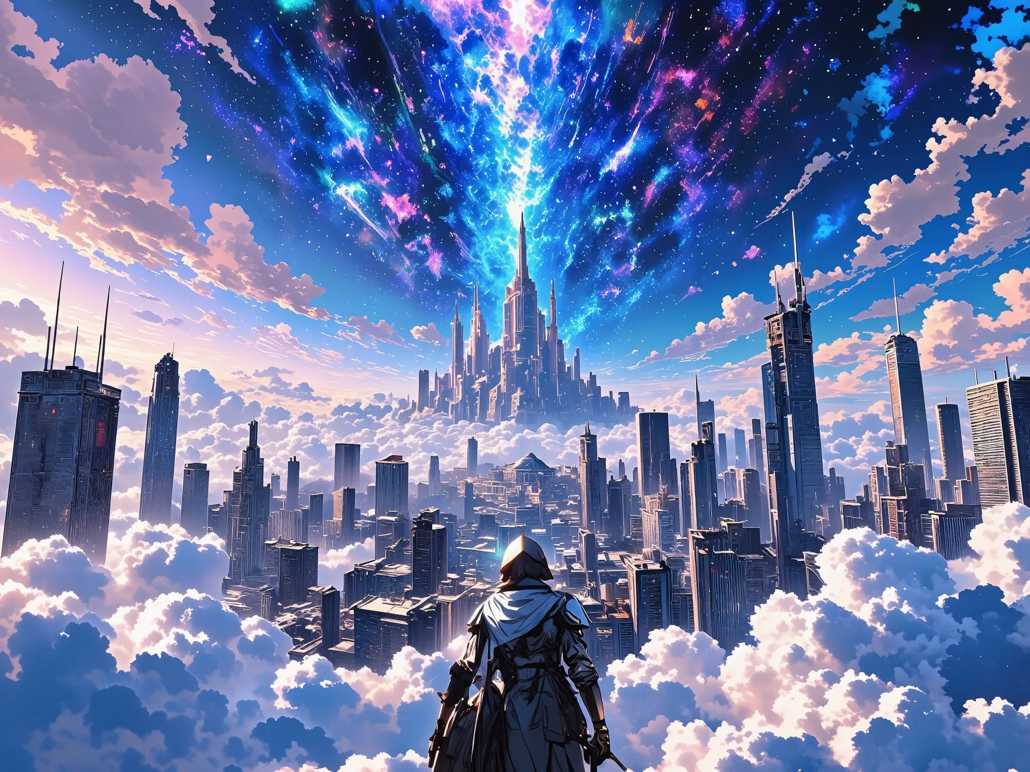 Isekai Space 、Close to space、  City in the Clouds  、Lost City Pictures、Picturesque Backgrounds、Floating City Emerging from the Clouds、Digital Images 、near future、 high res background、City of Shining Buildings、Dreamy City Above the Clouds、非常に詳細なDigital Imag...