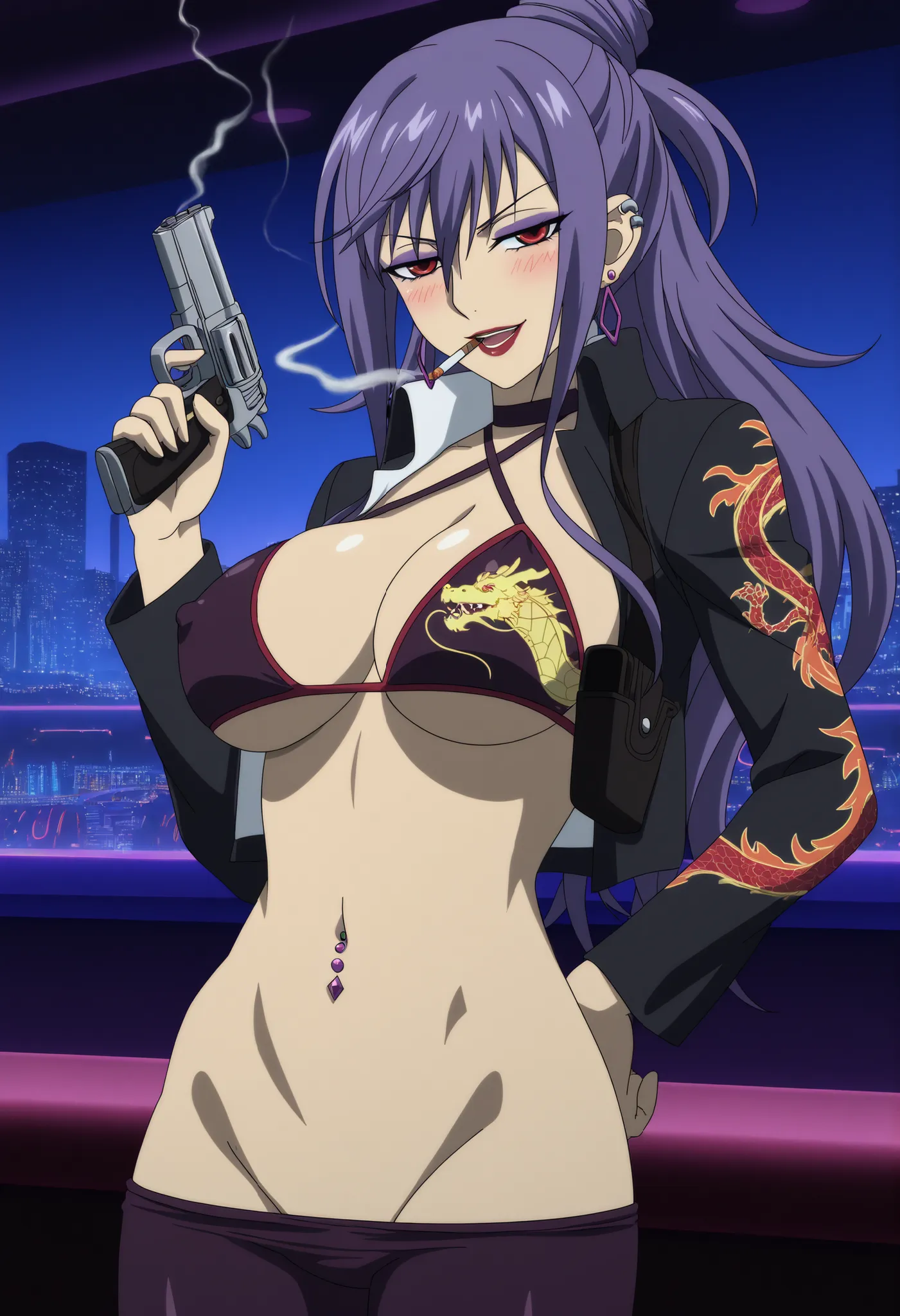 gigliolastb
long hair,purple hair, hair between eyes, hair bun,ponytail,red lips,red eyes,purple eyeshadow, jewelry earrings, , medium large breast, ear piercing , long hair , blush , lipstick , Hot girl , baddie , smoking , sensual , attractive , pull_dow...