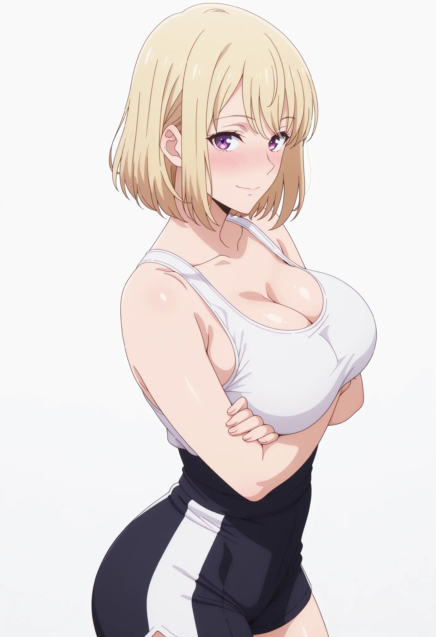 masterpiece, best quality, amazing quality, 1girl, solo, looking at viewer, blushing, white background, mature girl,side view, light smile, seductive, short hair, blonde hair, purple eyes, ,  ,bubble breasts, seductive twist,, shizuku kousaka (na honjaman ...