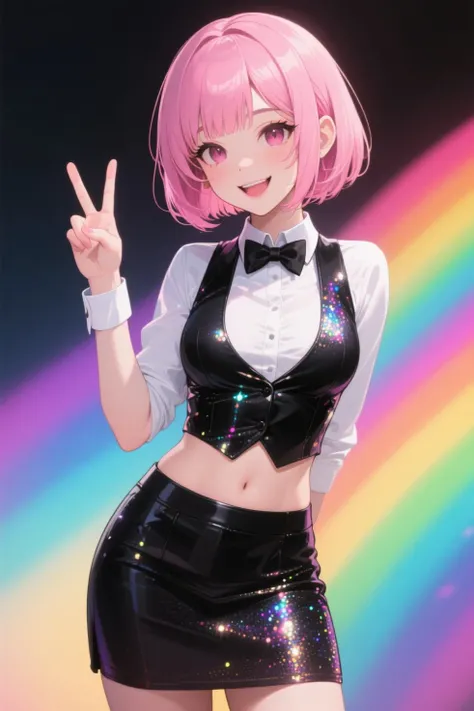 ultra detailed, absolutely resolution, masterpiece, cute woman, pink bob cut, blunt bangs, perfect great proportions, cleavage, Belly-baring, wearing dealer's formal attire (shiny black vest, tight mini skirt, bow tie, white shirt), smile and peace sign, glitter and rainbow color colorful background, (brilliant light and shadow, seamless, contrast, gradation) effects, highly detailed, sharp focus and contrast, extremely clear image, 2.5D, artistic photography, hyper realistic, effects magic, shading effects magic, lighting effects magic, anime style
