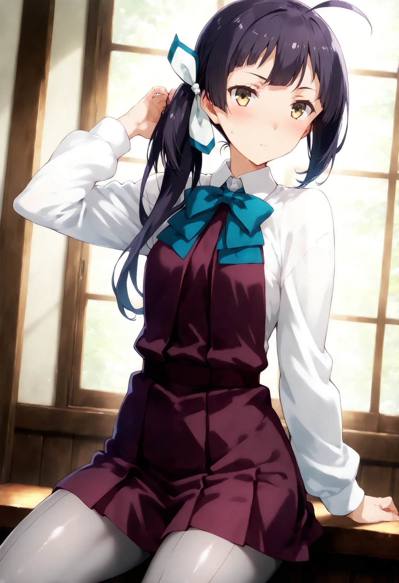 Fujinami (KANCOLLE), , 一人の女の子, 一人で,
fujinamiKC, 1girl, solo, long hair, hair ribbon, ahoge, side ponytail,long sleeves, dress, bow, ribbon, school uniform, hair ribbon, white shirt, bowtie, white ribbon, purple dress, pleated dress, grey pantyhose, aqua b...