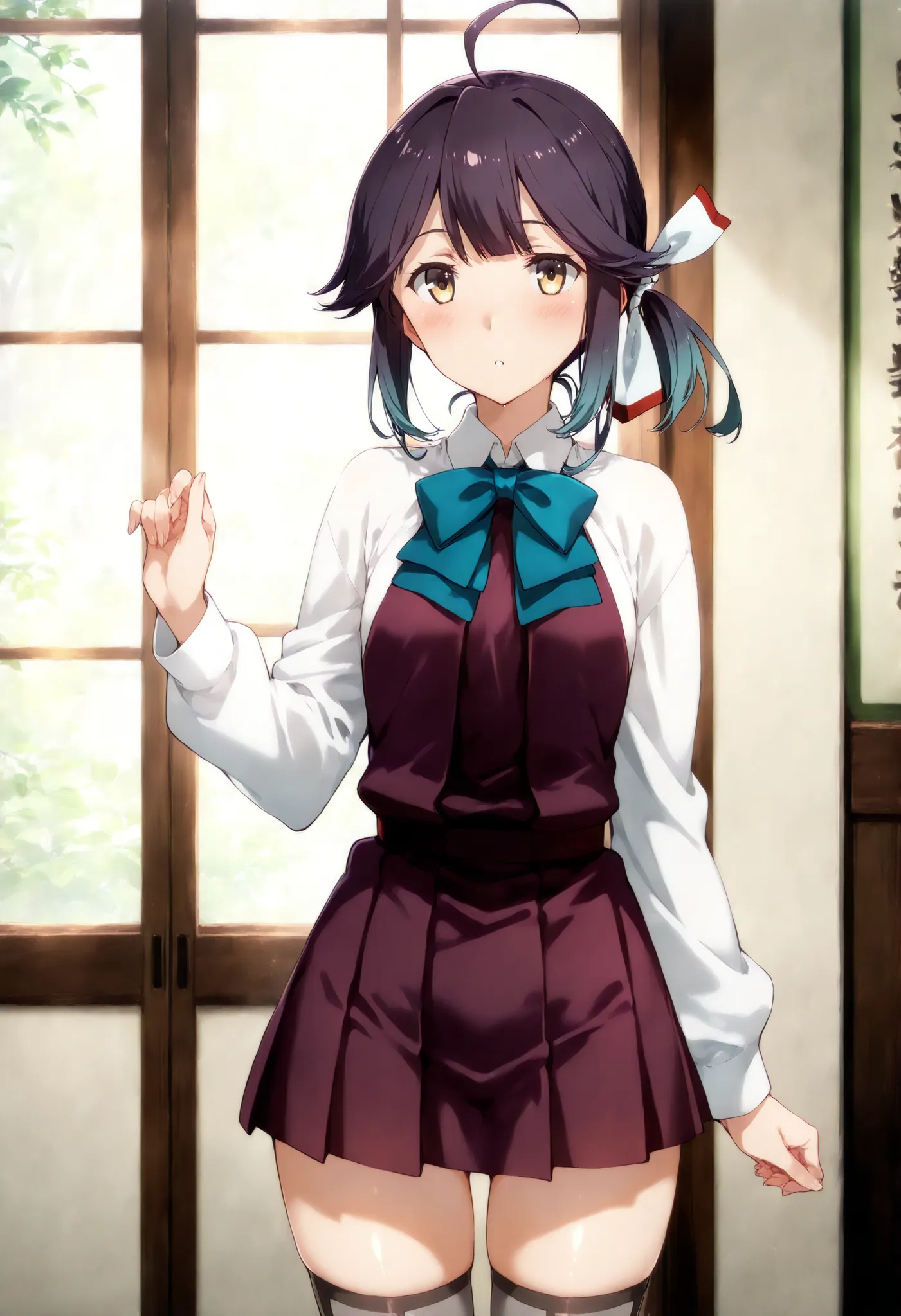 Hayanami (KANCOLLE), , 一人の女の子, 一人で,hayanamiKC, 1girl, solo, short hair, hair ribbon, ponytail, ahoge,long sleeves, bow, ribbon, school uniform, bowtie, white ribbon, purple dress, pleated dress,grey thighhighs, カウボーイショット,