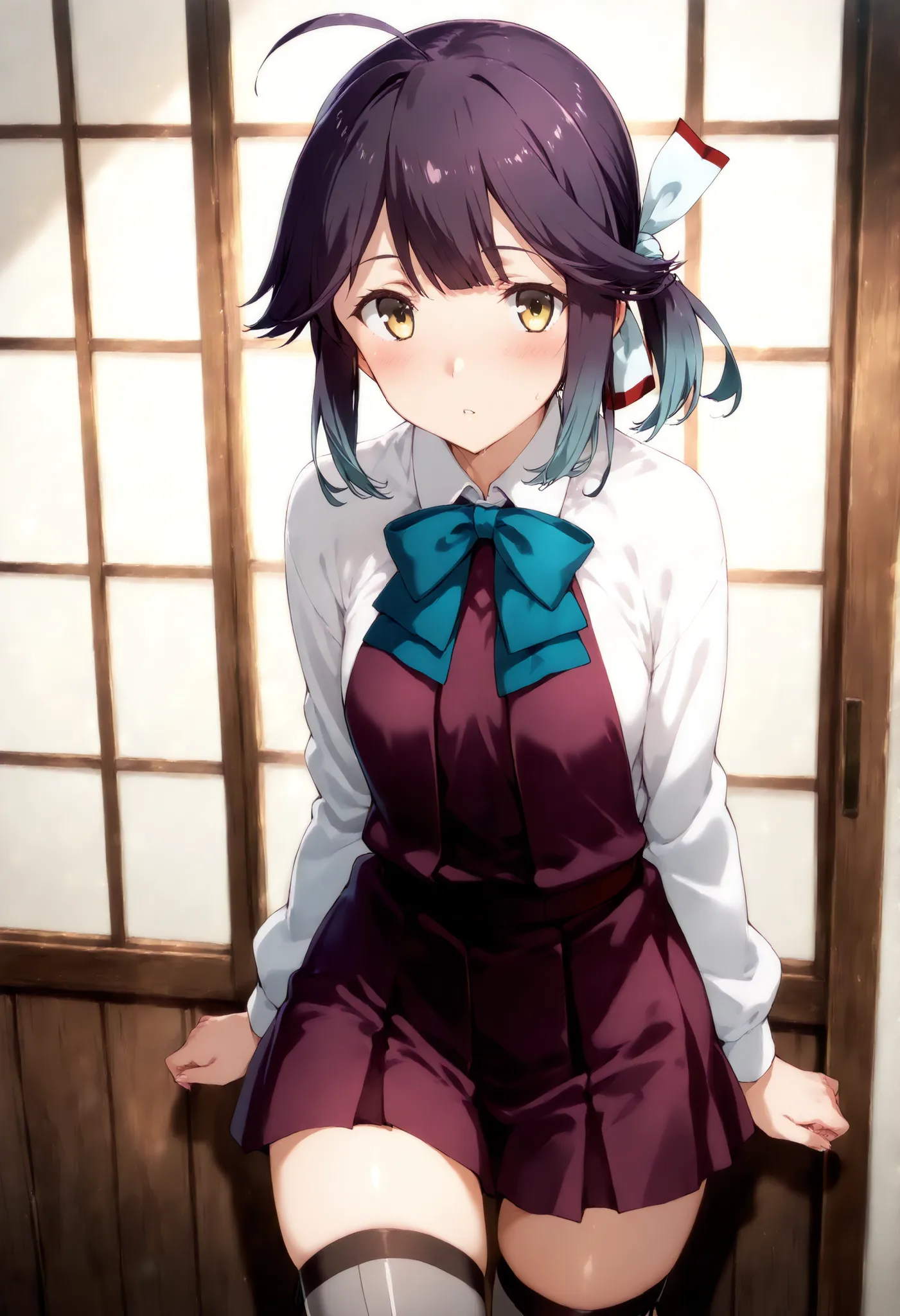 Hayanami (KANCOLLE), , 一人の女の子, 一人で,hayanamiKC, 1girl, solo, short hair, hair ribbon, ponytail, ahoge,long sleeves, bow, ribbon, school uniform, bowtie, white ribbon, purple dress, pleated dress,grey thighhighs, カウボーイショット,