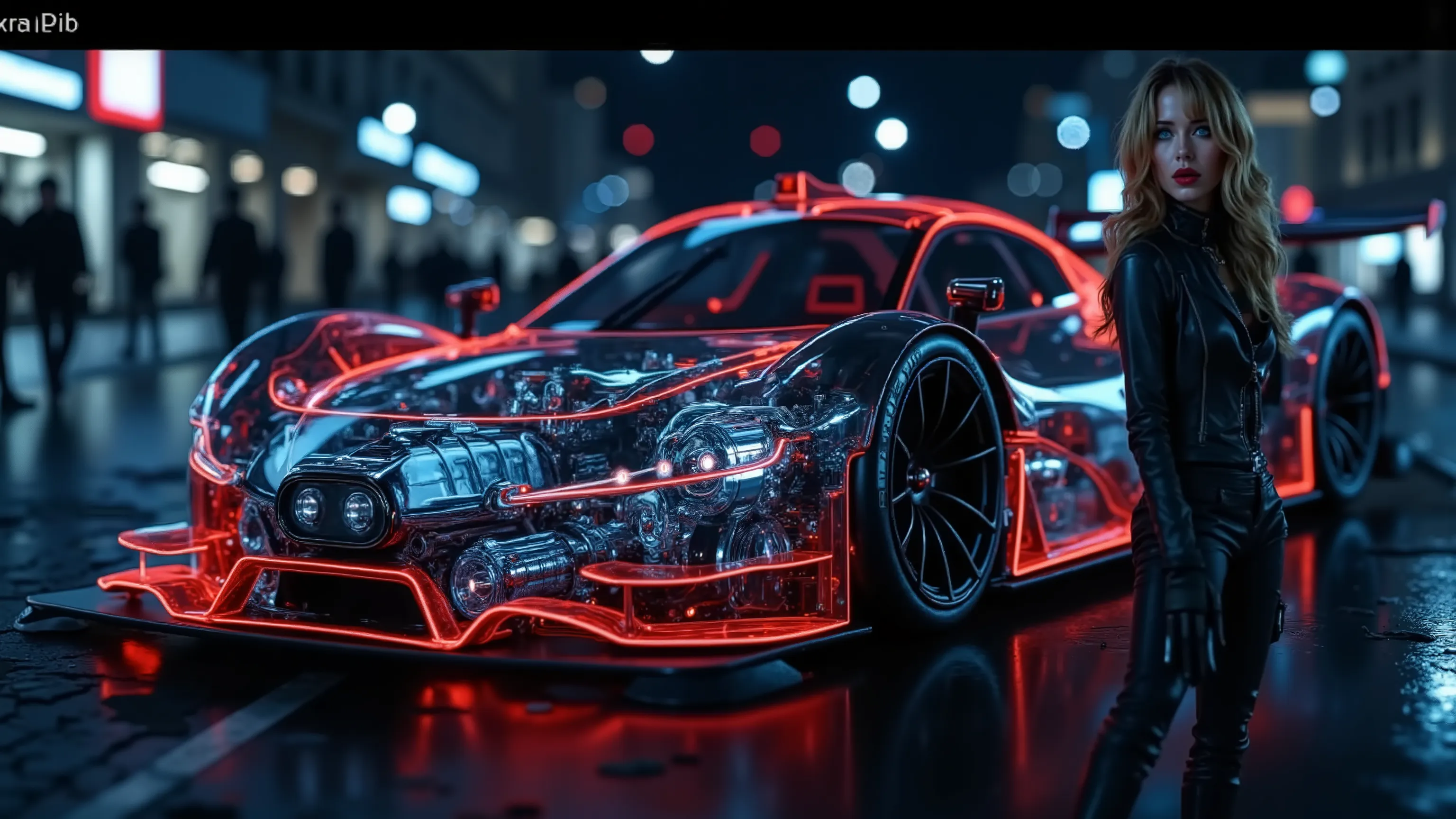 "rendu numérique spectaculaire d'une (transparent:1.5) Concept de voiture hypersportive DTM, révélant les composants mécaniques internes tels que le moteur, châssis de voiture , suspension, et câblage interne , textures détaillées, machines détaillées, éc...