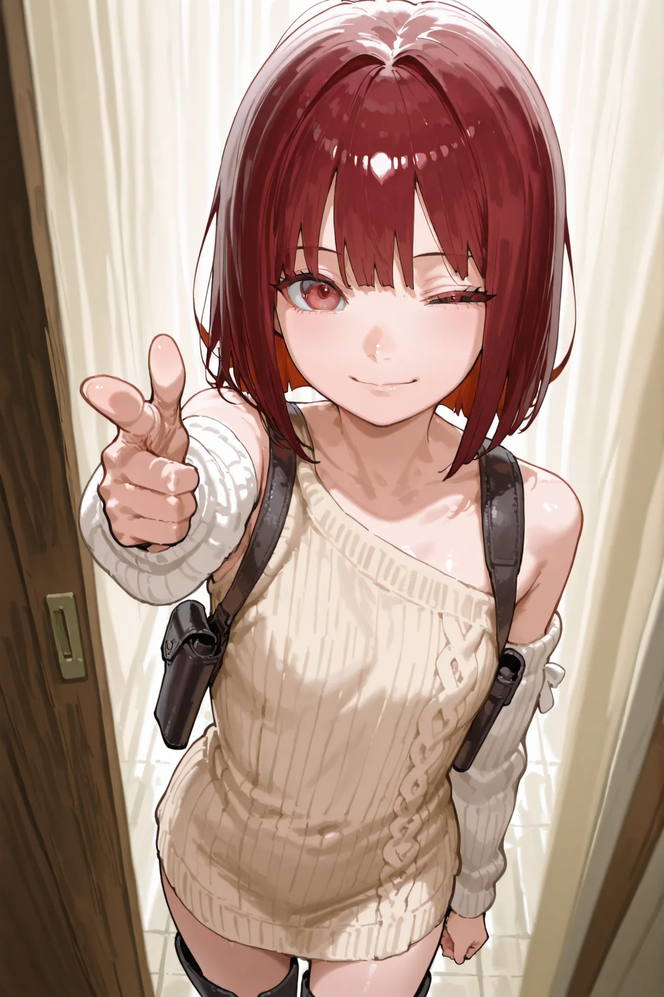 A young woman, ditsy, comically naive, cute and youthful, medium length dark red hair, dark red eyes, petite, athletic, feminine physique, Caucasian skin tone, beige sweater dress, off shoulders, detached sleeves, black boots, chest holster, finger gun poi...
