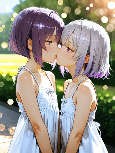 short girl, Sisters Girls,is young, flat chested,realisticな外観, big purple eyes, short bob、Two-tone purple hair and gray hair、White Dress、Kiss me deeply、Outdoors、細部にこだわったrealisticな影、movie stills, real、Highest Quality, realistic, 4K Rendering, ultra-fine tex...
