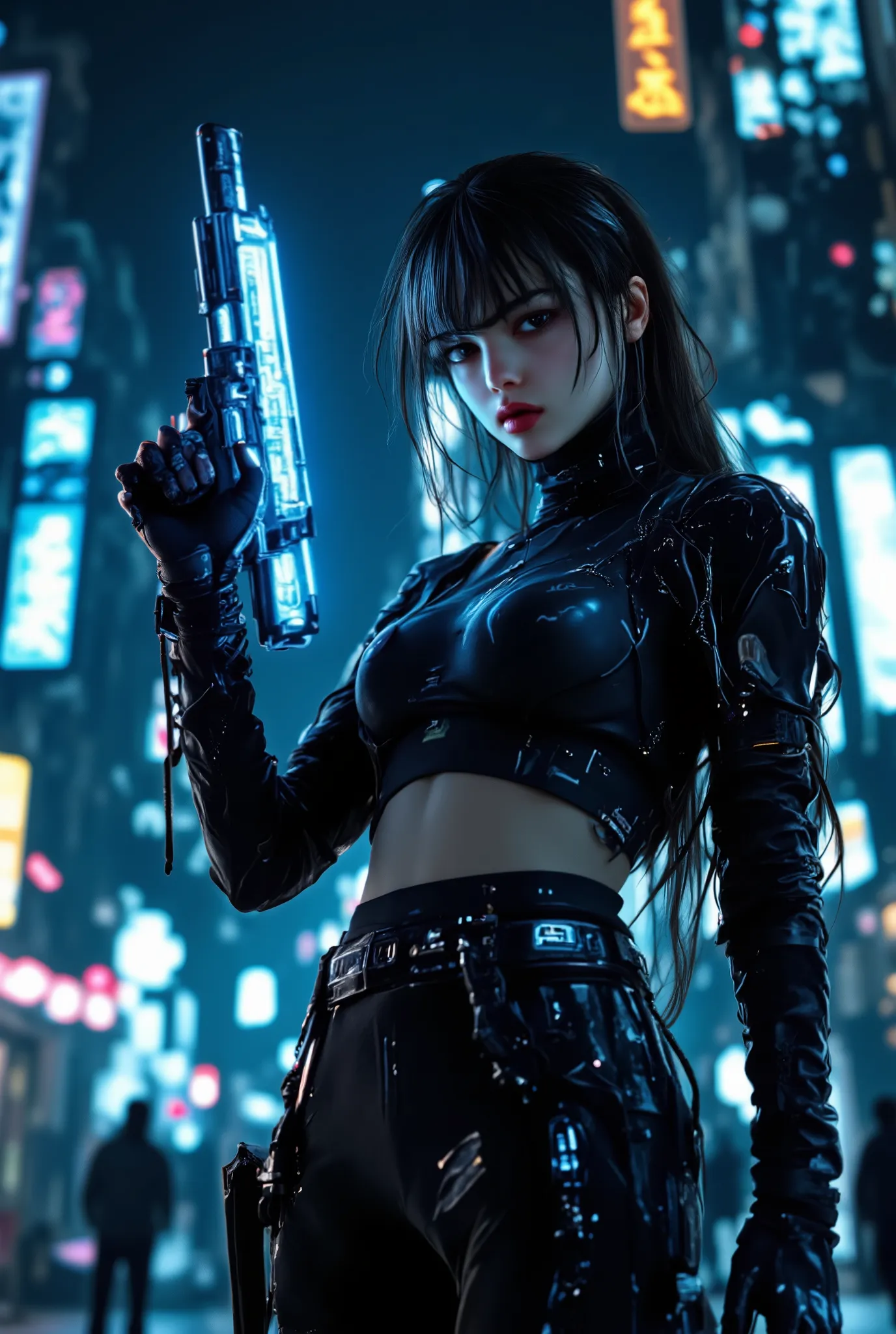 a cyberpunk-themed female figure in a sleek black futuristic outfit, holding a glowing blue sci-fi weapon, in a dystopian urban cityscape with neon lights, holographic displays, and advanced technologyhighly detailed, 8K, photorealistic, cyberpunk, female ...