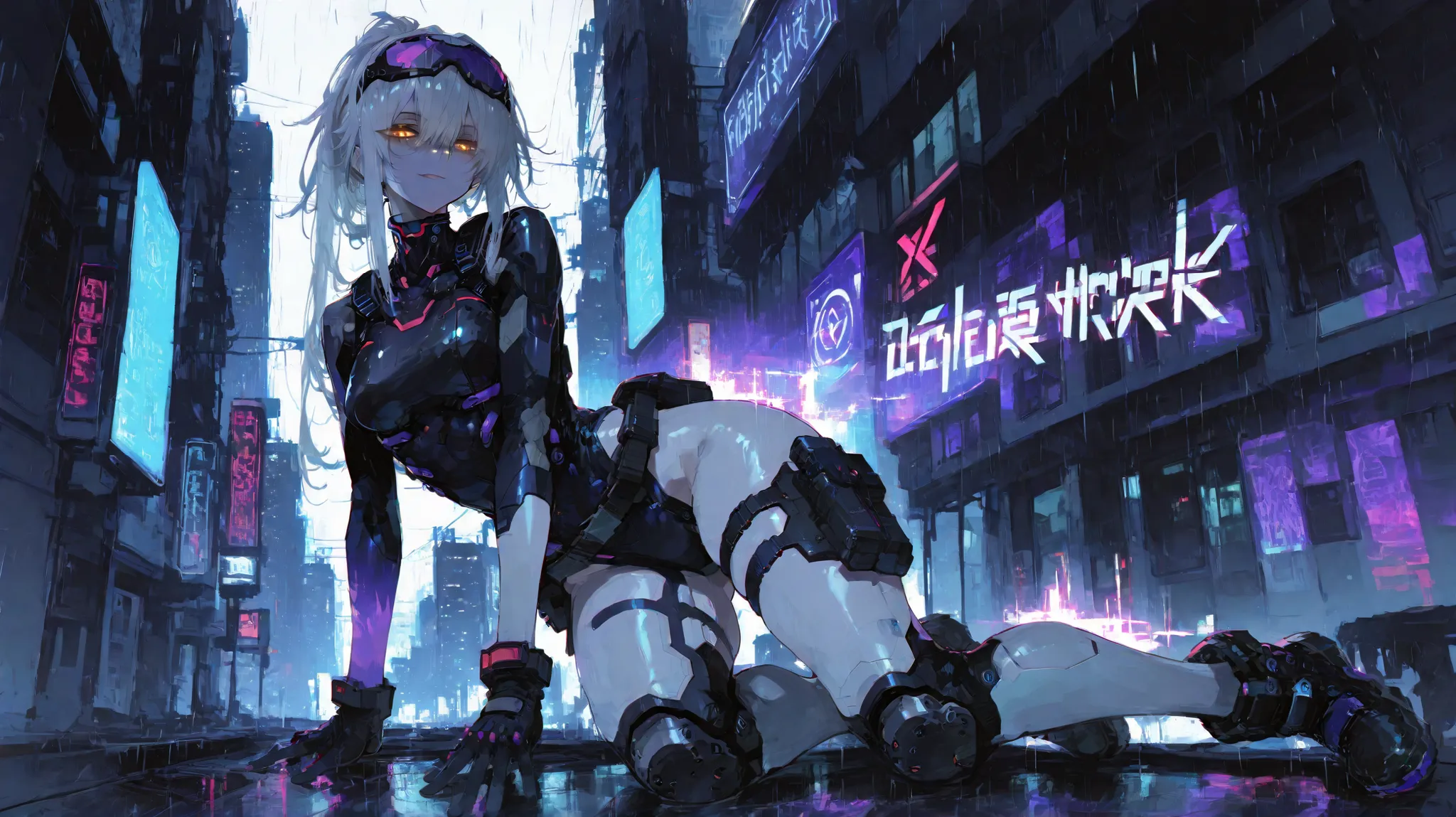 masterpiece, ultra-detailed, high quality, 8K, full body, dynamic pose, night lighting, cinematic atmosphere, backlight glow,
tall and sexy female agent, height 173 cm, golden eyes, confident and bold expression, D-cup bust, curvy body,
silver hair ,
ha...