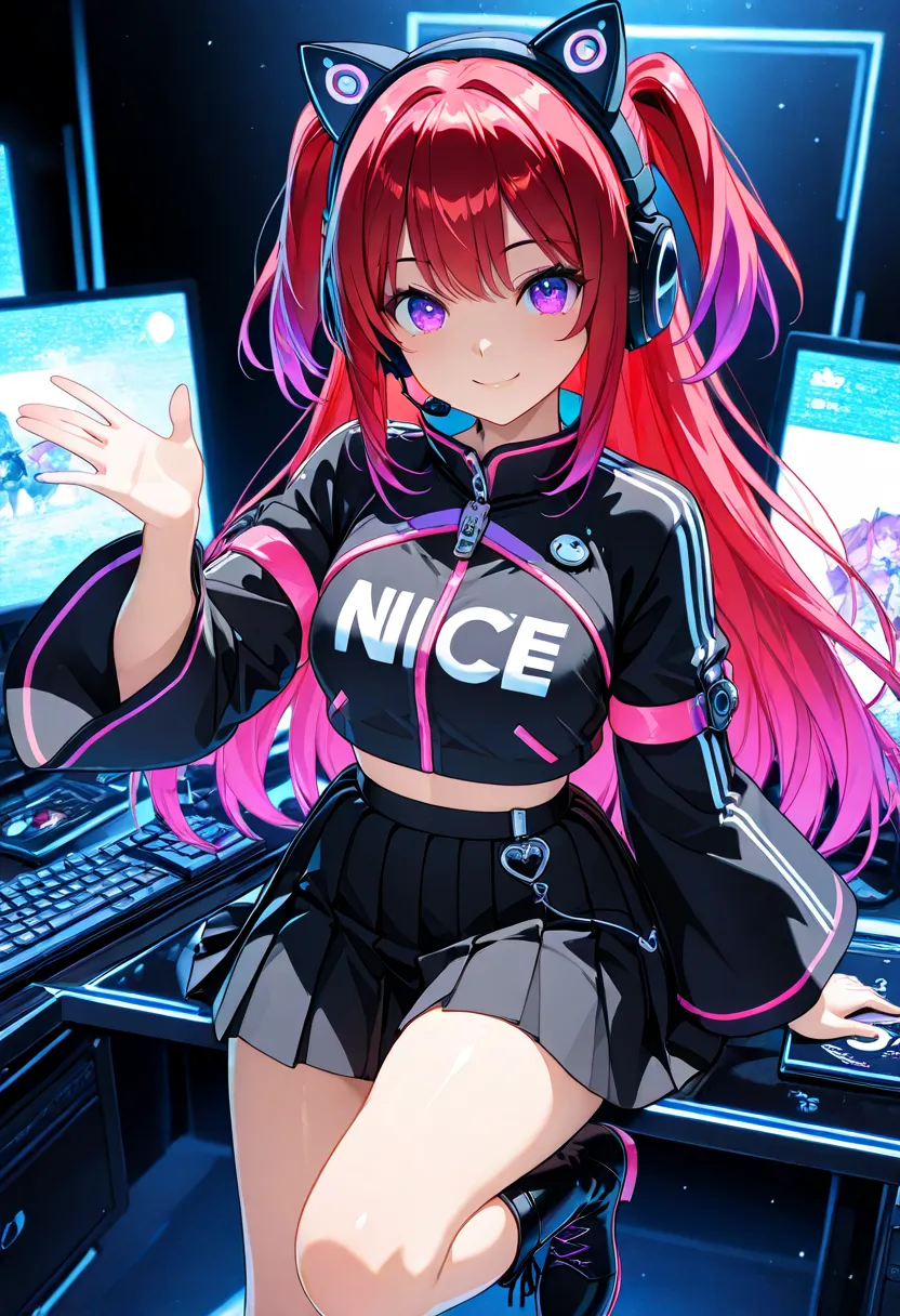  A beautiful woman, (nice curves), with long red hair with pink tips and bright purple eyes, (eyes rich in detail), (eyes detailed), wearing a futuristic black outfit with bright blue details on the sleeves. She wears cat-ear headphones and a headset microphone. Her outfit includes a stylish cropped jacket with wide sleeves, a pleated skirt with white stripes and black lace-up boots. She makes a heart with her hands near her face, (close-up from the waist up) smiling warmly. The background is a bedroom with a gaming computer in the background. The art style is detailed and colorful, with soft dynamic lighting and slightly 3D anime shading, in high resolution 