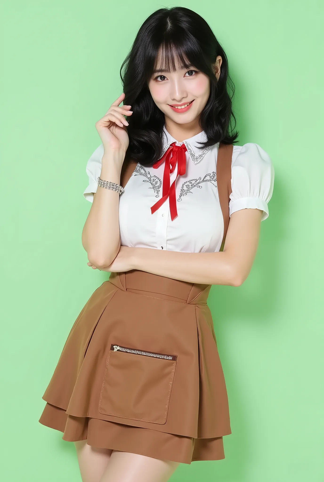 Create a portrait of a very beautiful Japanese singer with a slender figure, medium bust, and slim legs. She has medium-length hair and is dressed in a Western-themed saloon waitress outfit, featuring a skirt with a small apron design, without a hat. She s...